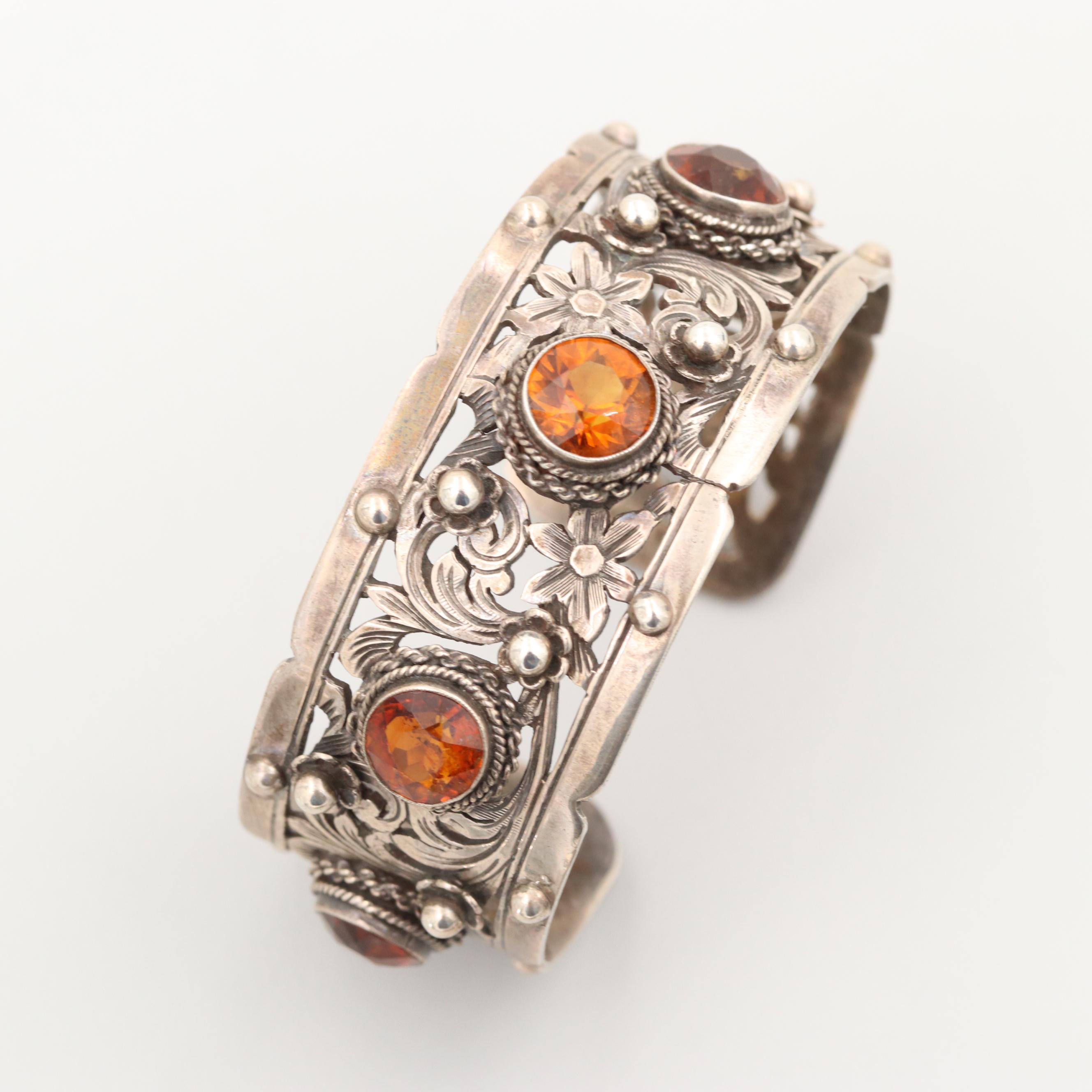 Vintage Peruzzi Hand Engraved 800 Silver Citrine Cuff Bracelet