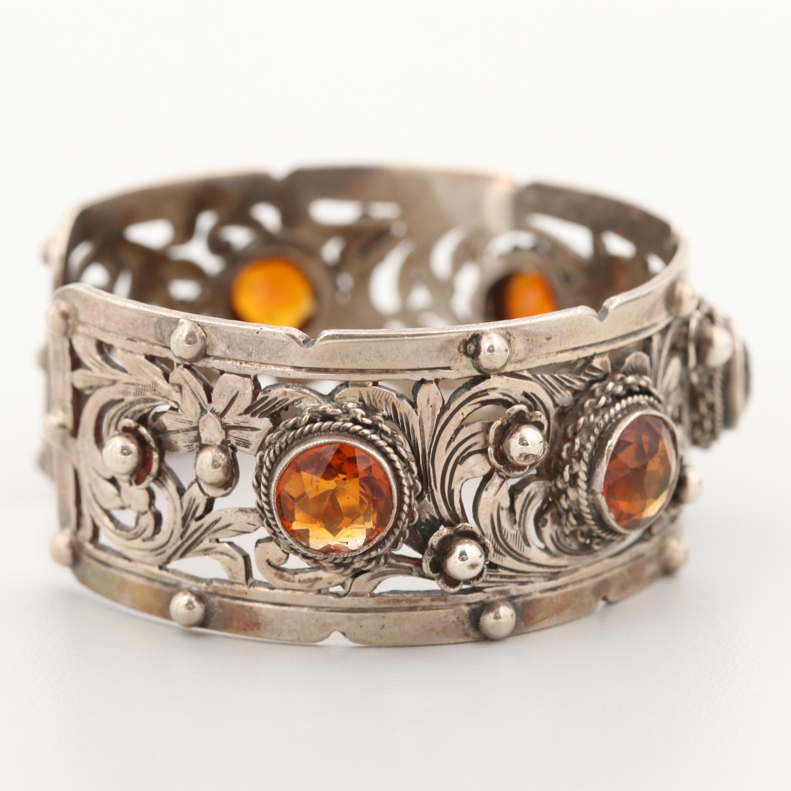 Vintage Peruzzi Hand Engraved 800 Silver Citrine Cuff Bracelet