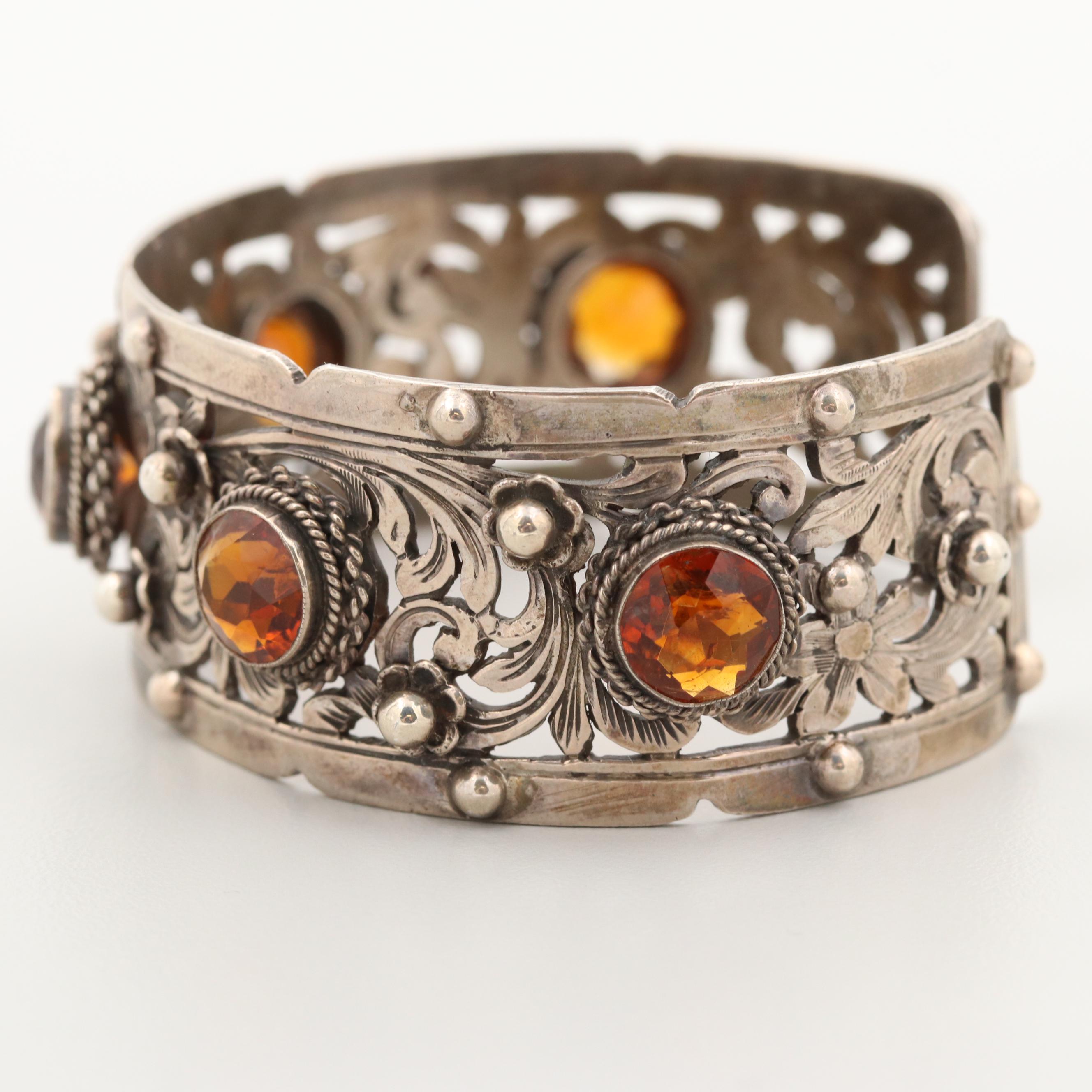 Vintage Peruzzi Hand Engraved 800 Silver Citrine Cuff Bracelet
