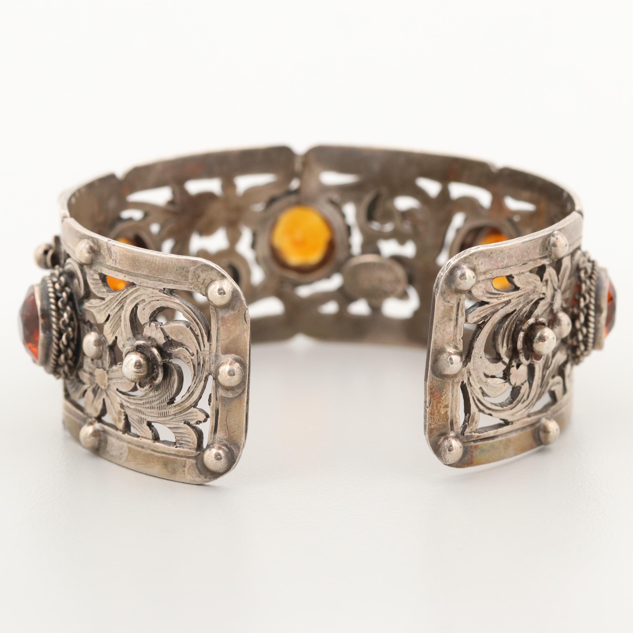 Vintage Peruzzi Hand Engraved 800 Silver Citrine Cuff Bracelet