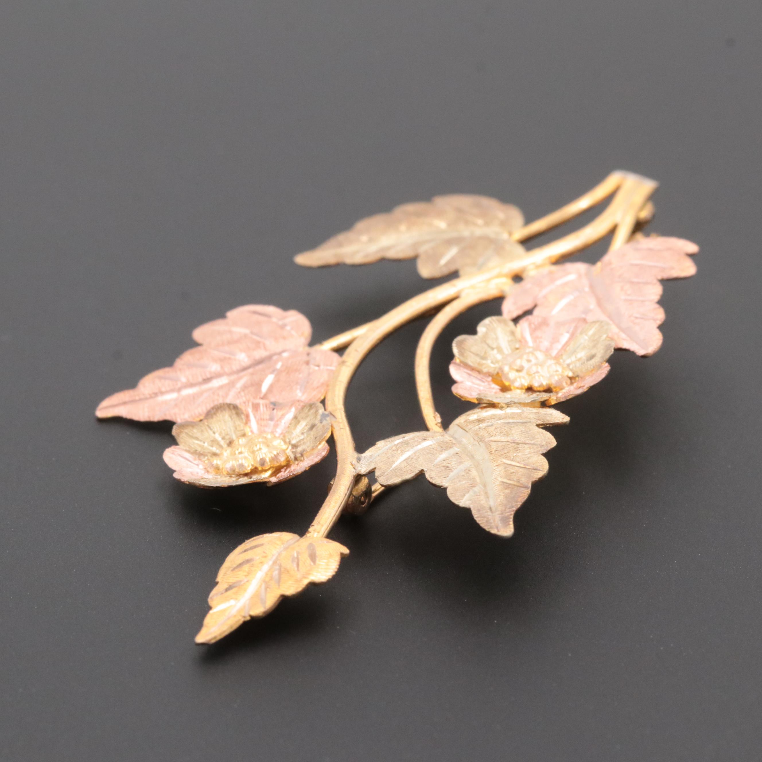 Black Hills Gold 10K Gold Leaf Motif Brooch with 12K Rose and Green Gold Accents
