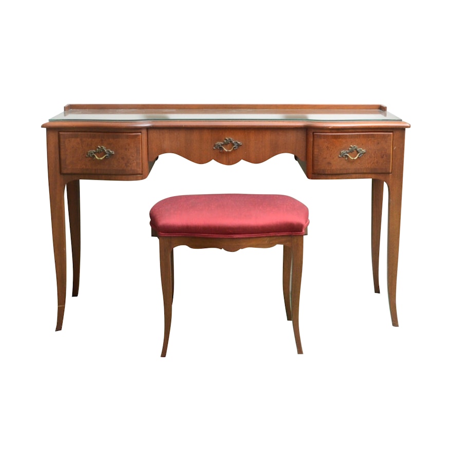 John Widdicomb Louis XV Style Burl Wood and Walnut Vanity Table and Bench
