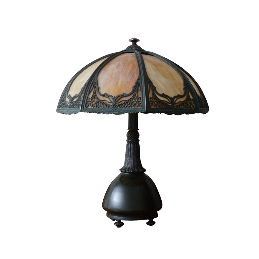 Cast Iron Table Lamp with Overlay Slag Glass Shade Attributed to Iron Works