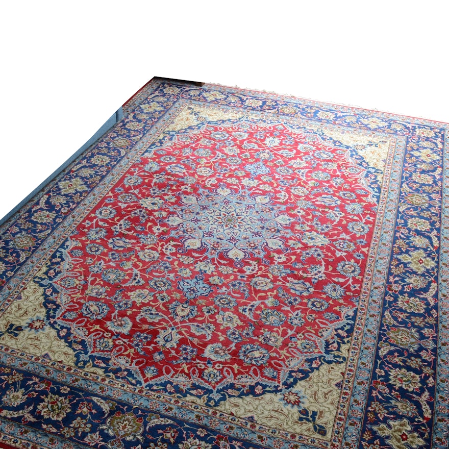 Hand-Knotted Persian Mashhad Wool and Cotton Room Size Rug