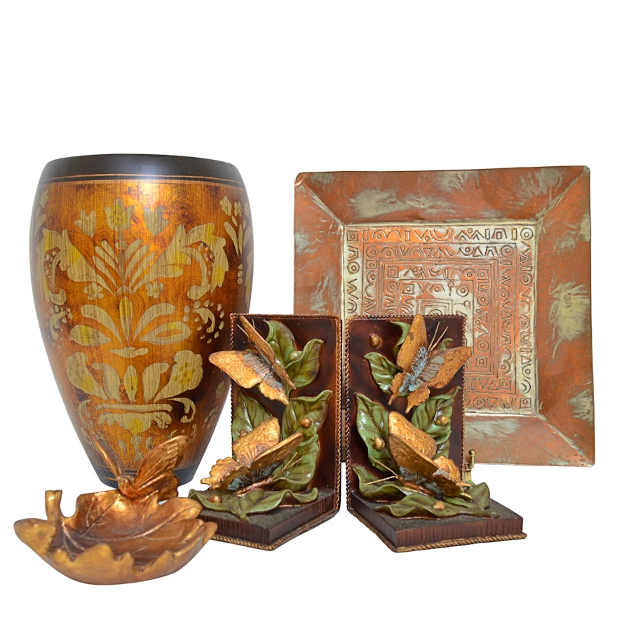 Copper and Ceramic Decor with The Silky Way" Bookends and Vase, Israeli Tray