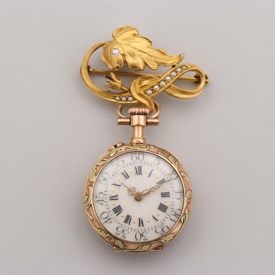 18K Gold Open Face Pocket Watch On Diamond and Pearl Brooch, Circa 1838 -1847