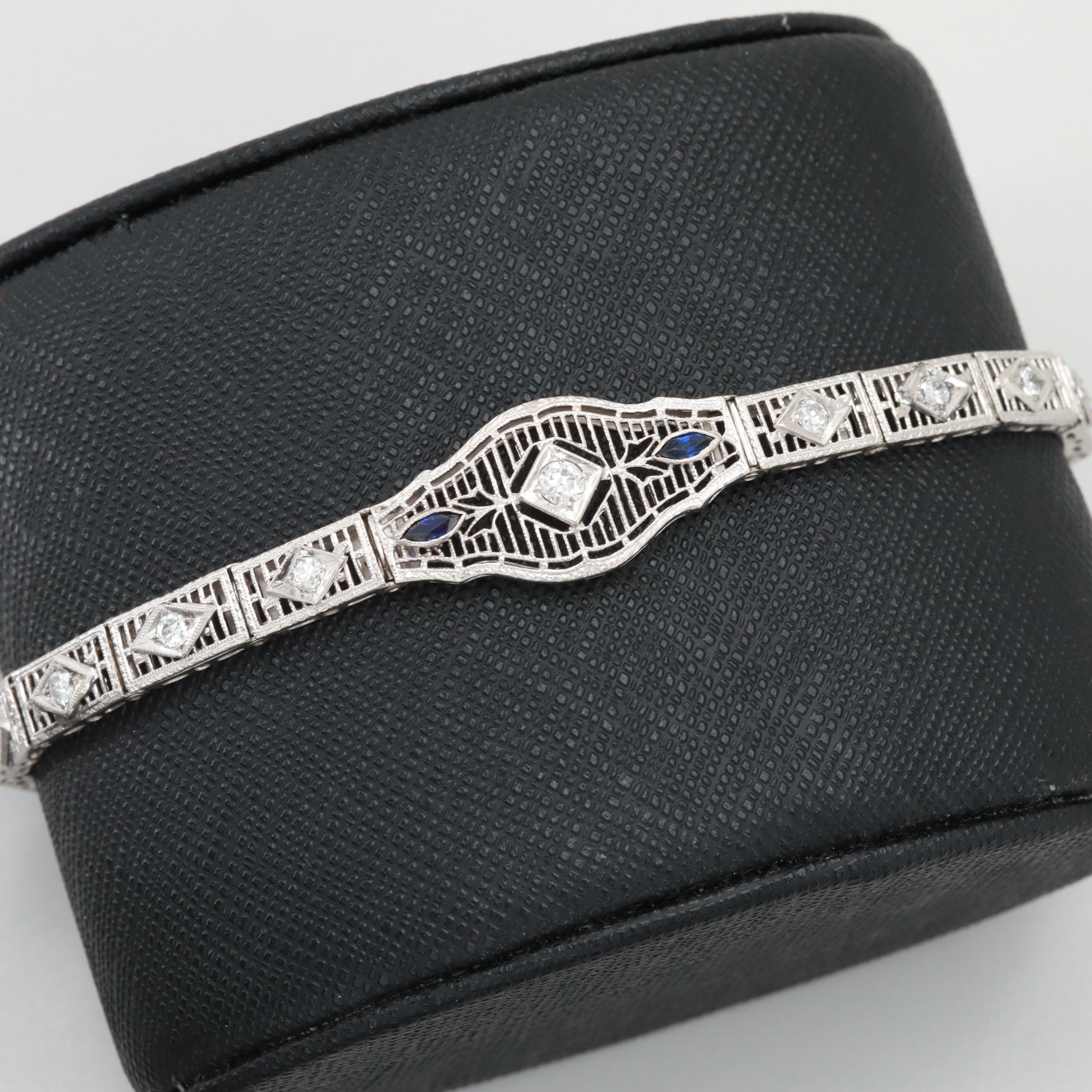Art Deco 14K White Gold Diamond and Synthetic Sapphire Bracelet
