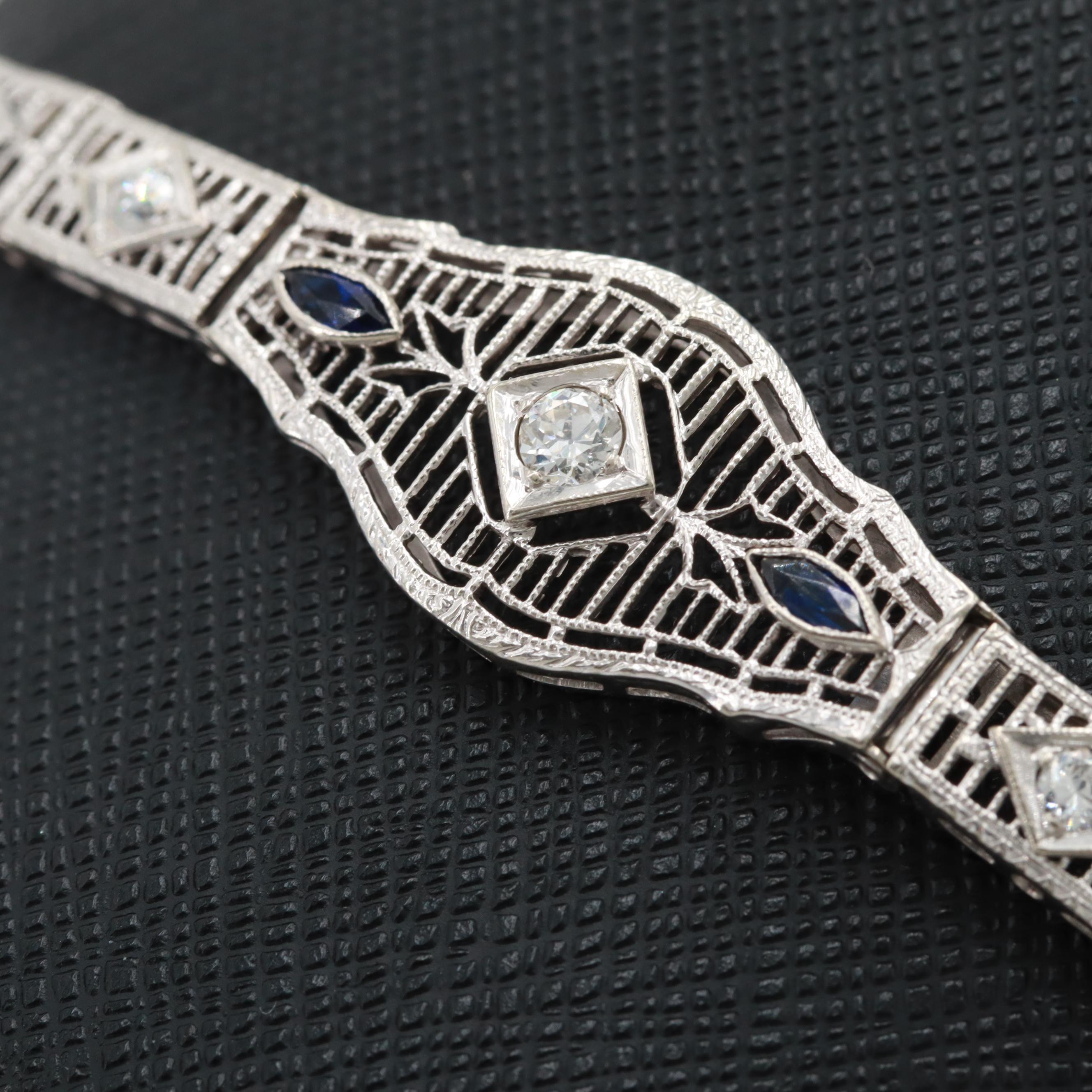 Art Deco 14K White Gold Diamond and Synthetic Sapphire Bracelet
