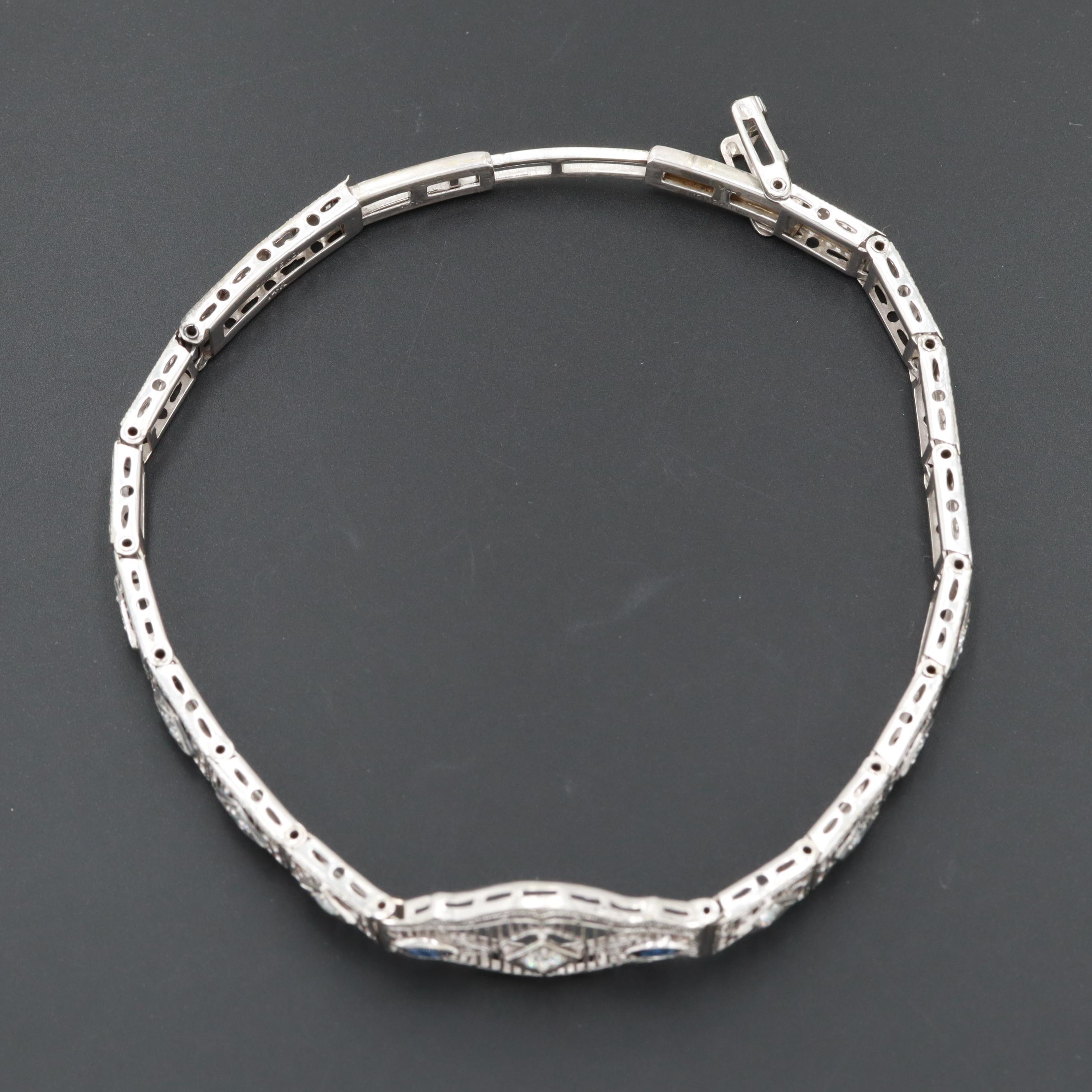 Art Deco 14K White Gold Diamond and Synthetic Sapphire Bracelet