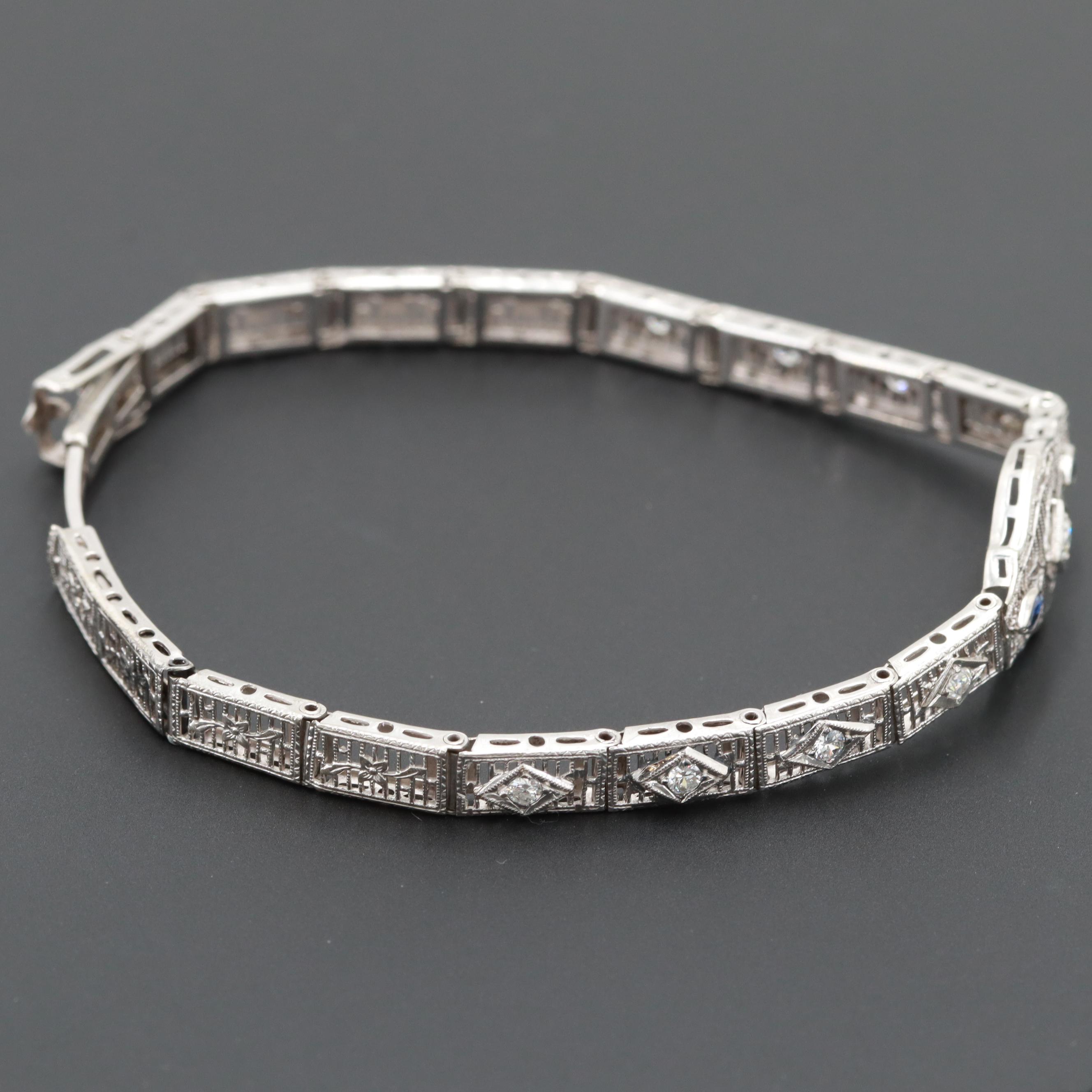 Art Deco 14K White Gold Diamond and Synthetic Sapphire Bracelet