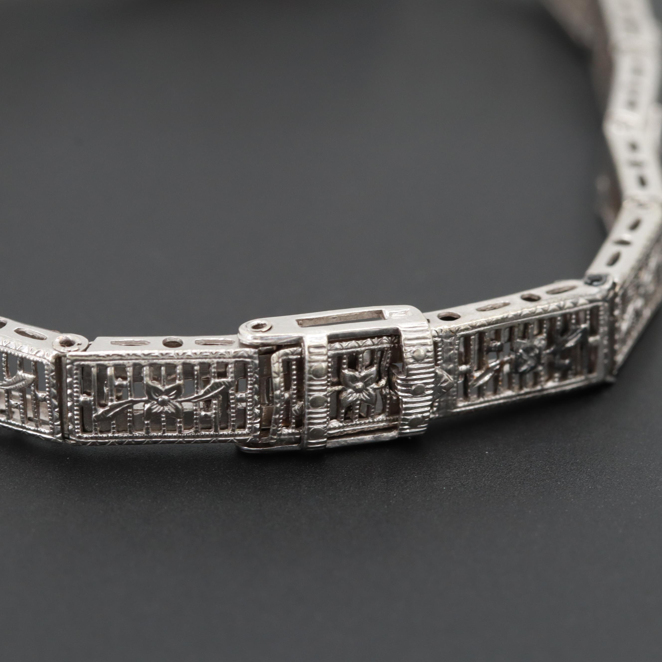 Art Deco 14K White Gold Diamond and Synthetic Sapphire Bracelet