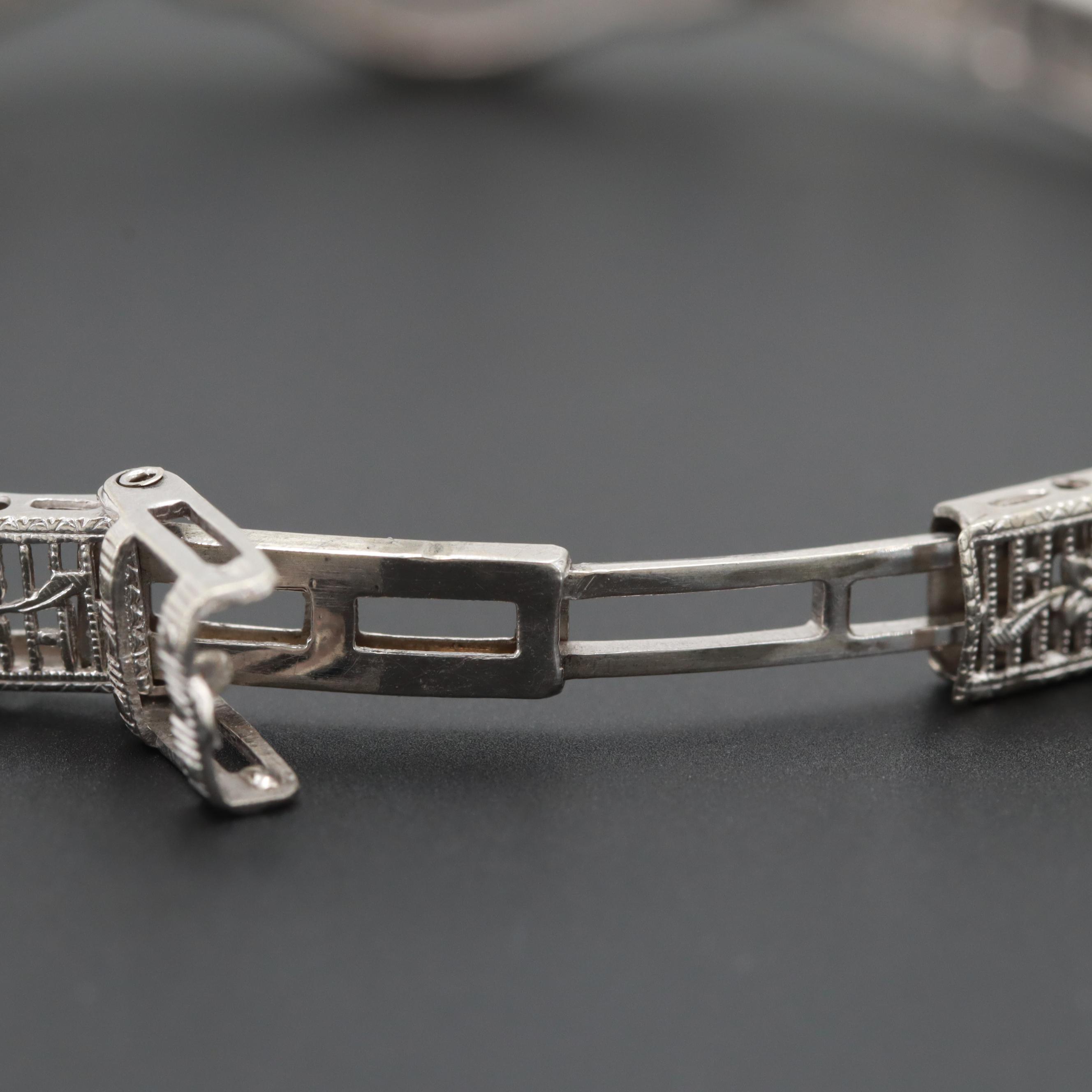 Art Deco 14K White Gold Diamond and Synthetic Sapphire Bracelet