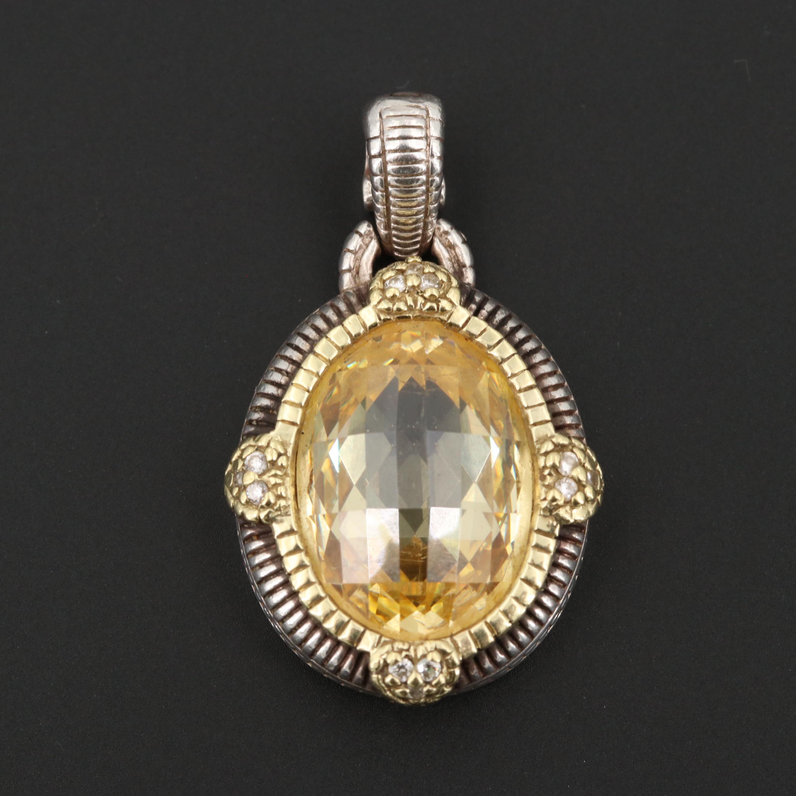 Judith Ripka Sterling Silver Citrine and Diamond Enhancer Pendant
