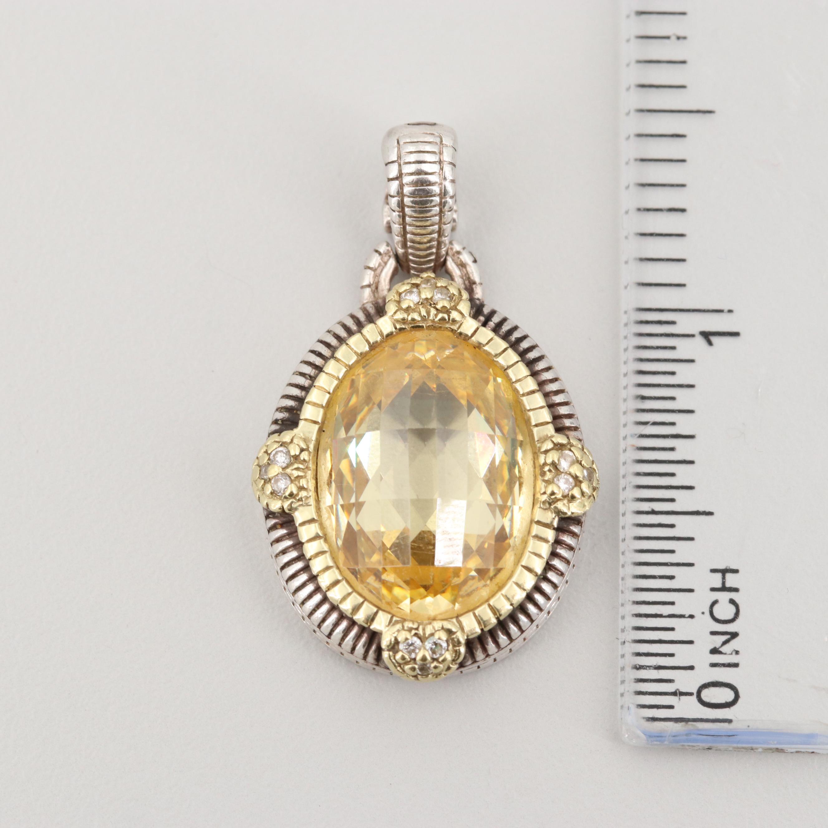 Judith Ripka Sterling Silver Citrine and Diamond Enhancer Pendant