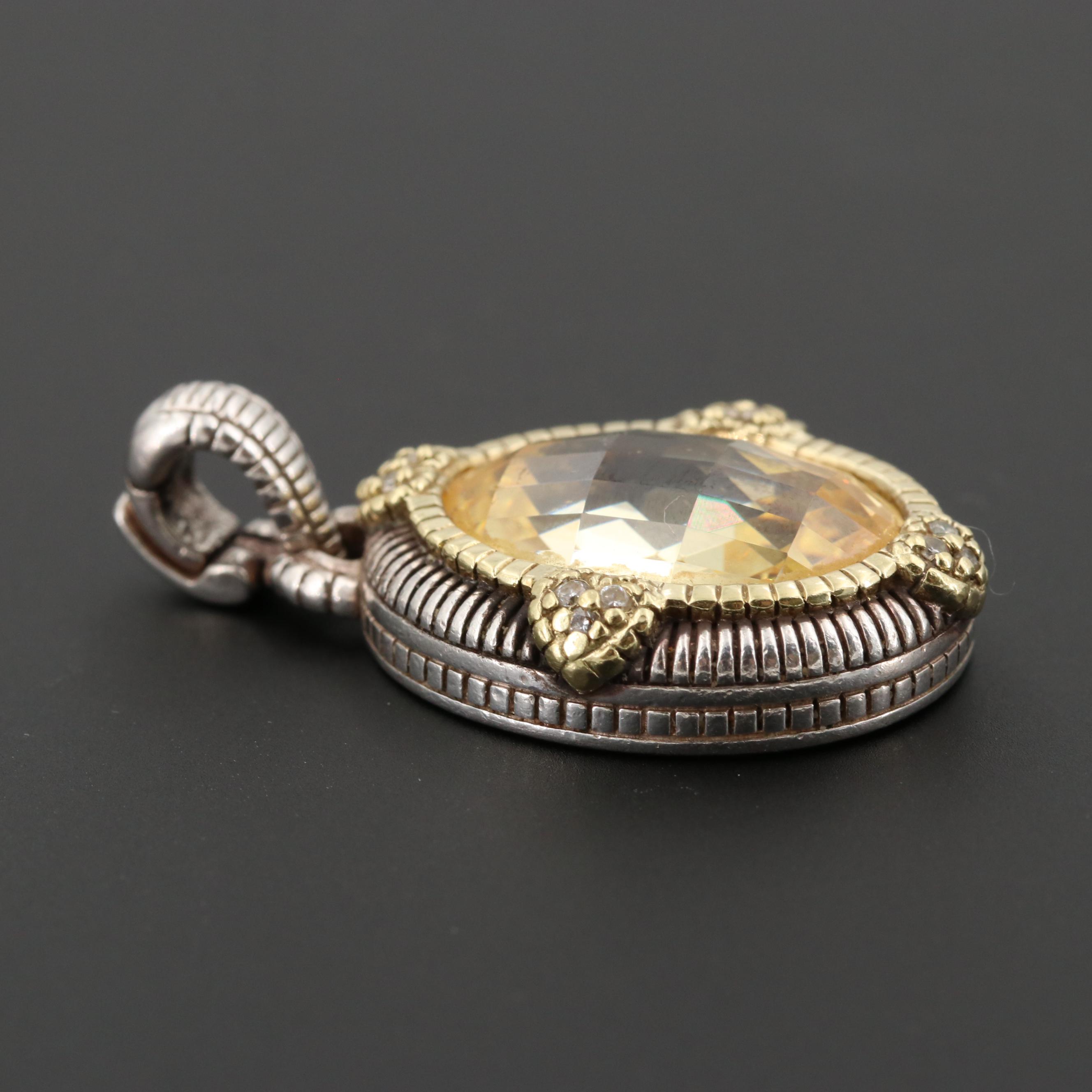 Judith Ripka Sterling Silver Citrine and Diamond Enhancer Pendant