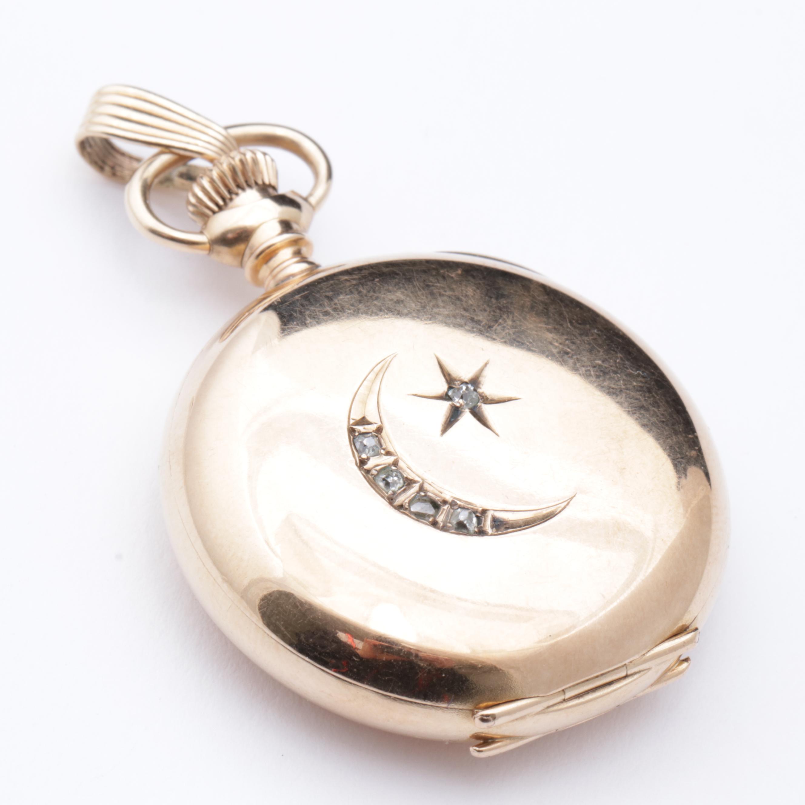 Elgin 14K Yellow Gold Old Mine Cut Diamond Pendant Watch, Early 1900s