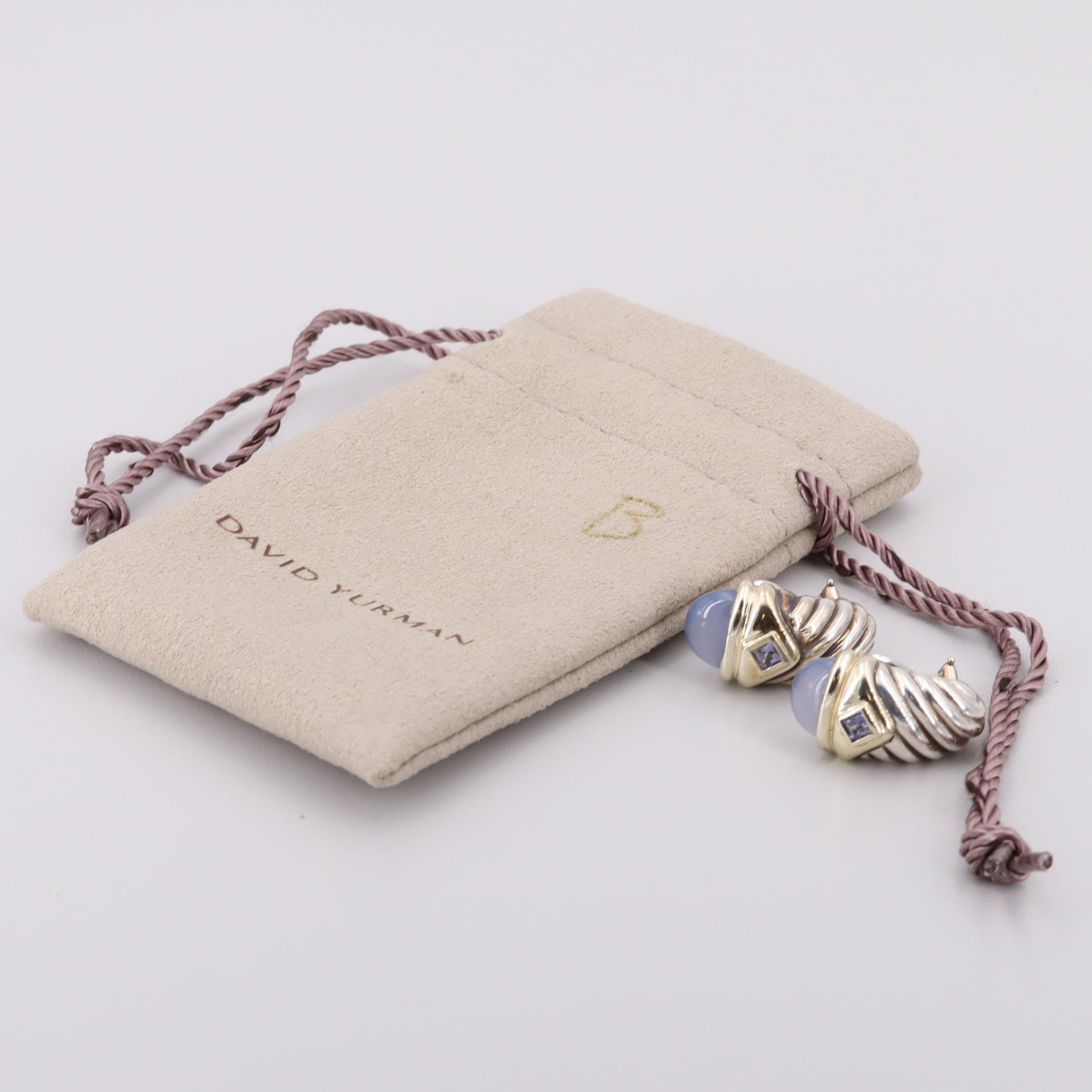 David Yurman "Renaissance" Sterling and 14K Chalcedony and Iolite Earrings