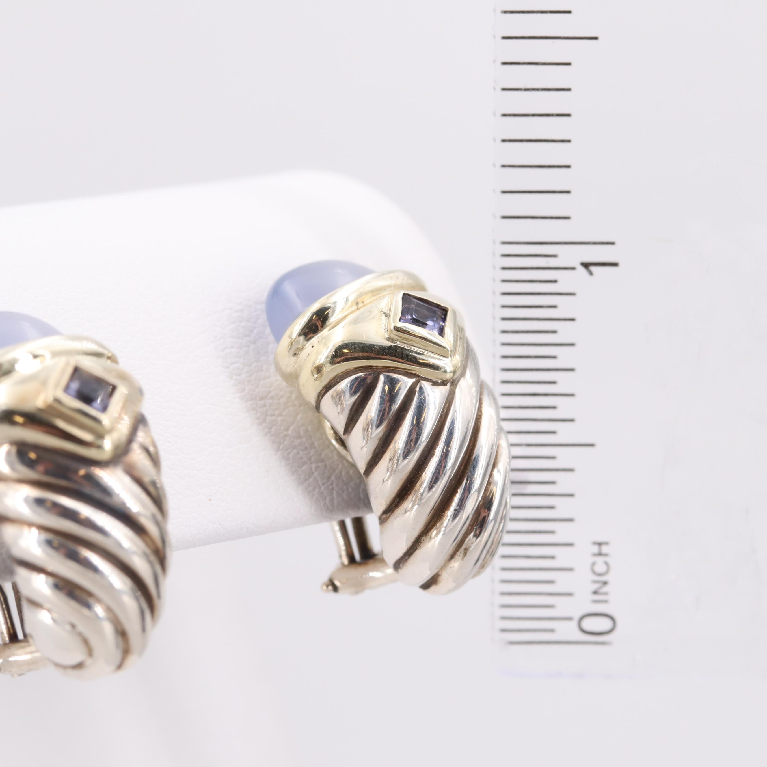 David Yurman "Renaissance" Sterling and 14K Chalcedony and Iolite Earrings