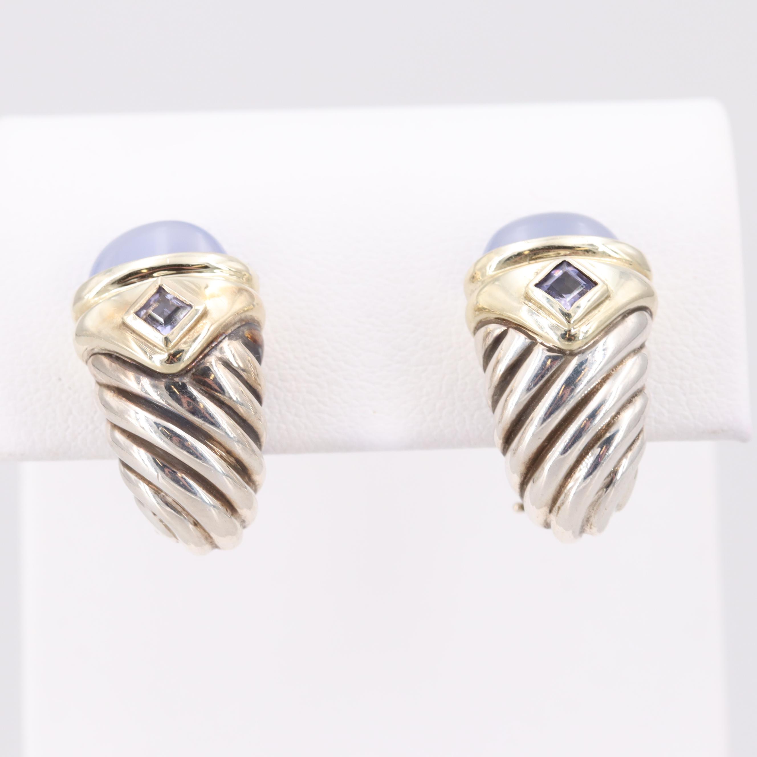David Yurman "Renaissance" Sterling and 14K Chalcedony and Iolite Earrings