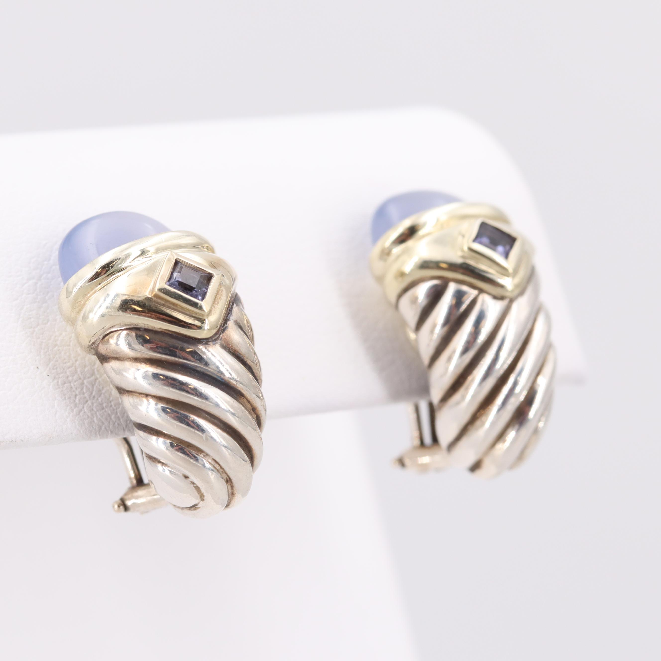David Yurman "Renaissance" Sterling and 14K Chalcedony and Iolite Earrings