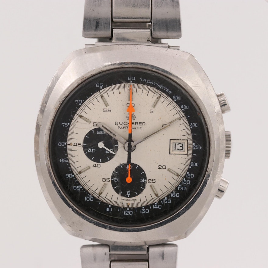 Vintage Bucherer 9801 Stainless Steel Automatic Chronograph Wristwatch