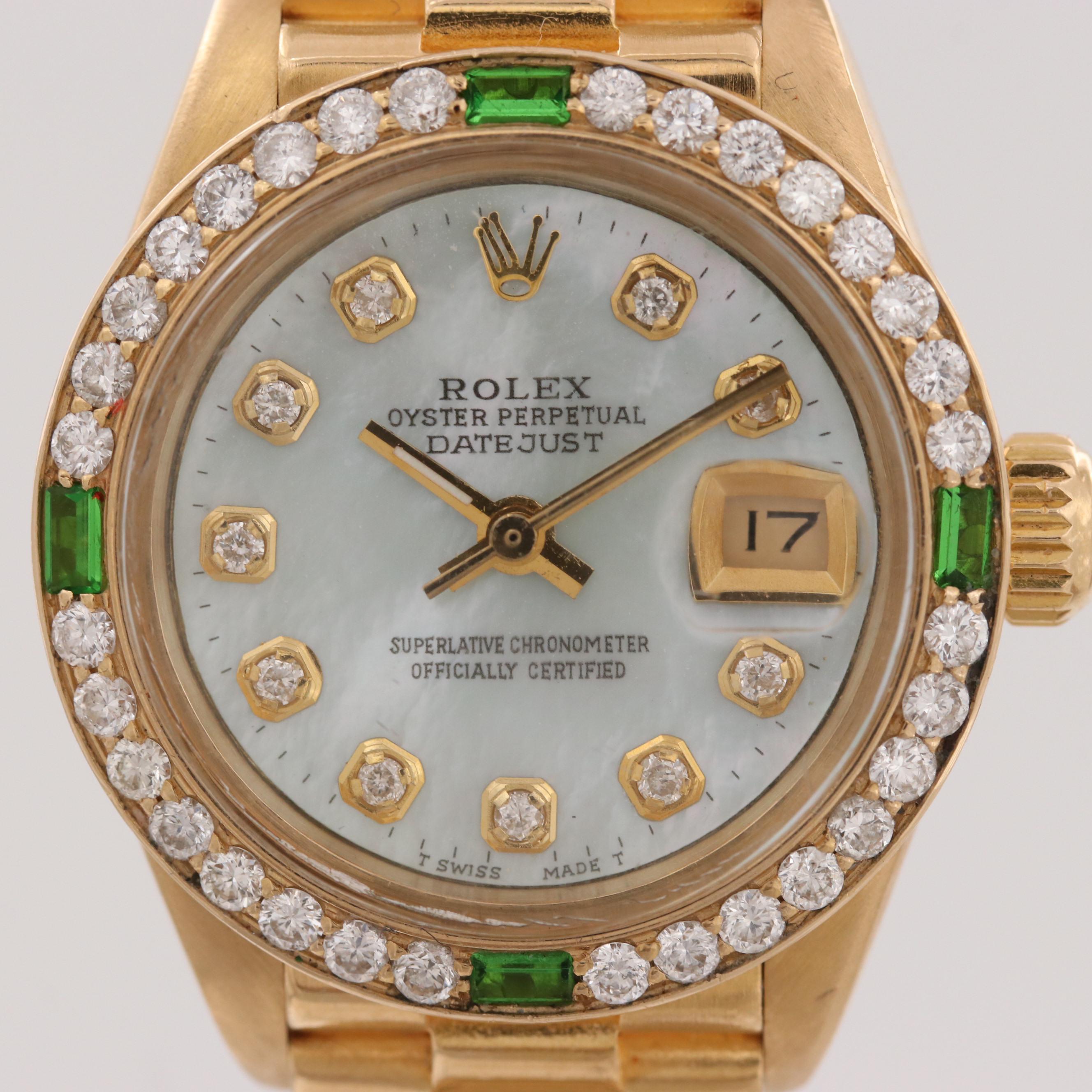 Vintage Rolex Datejust 18K Gold Watch With Diamond and Green Glass Accents, 1979