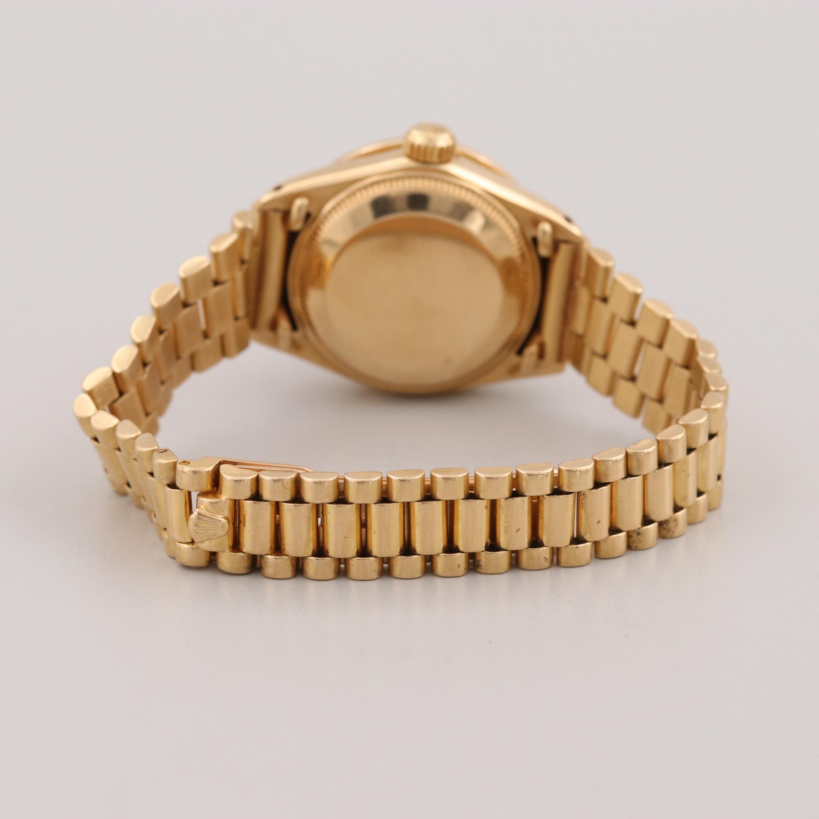Vintage Rolex Datejust 18K Gold Watch With Diamond and Green Glass Accents, 1979