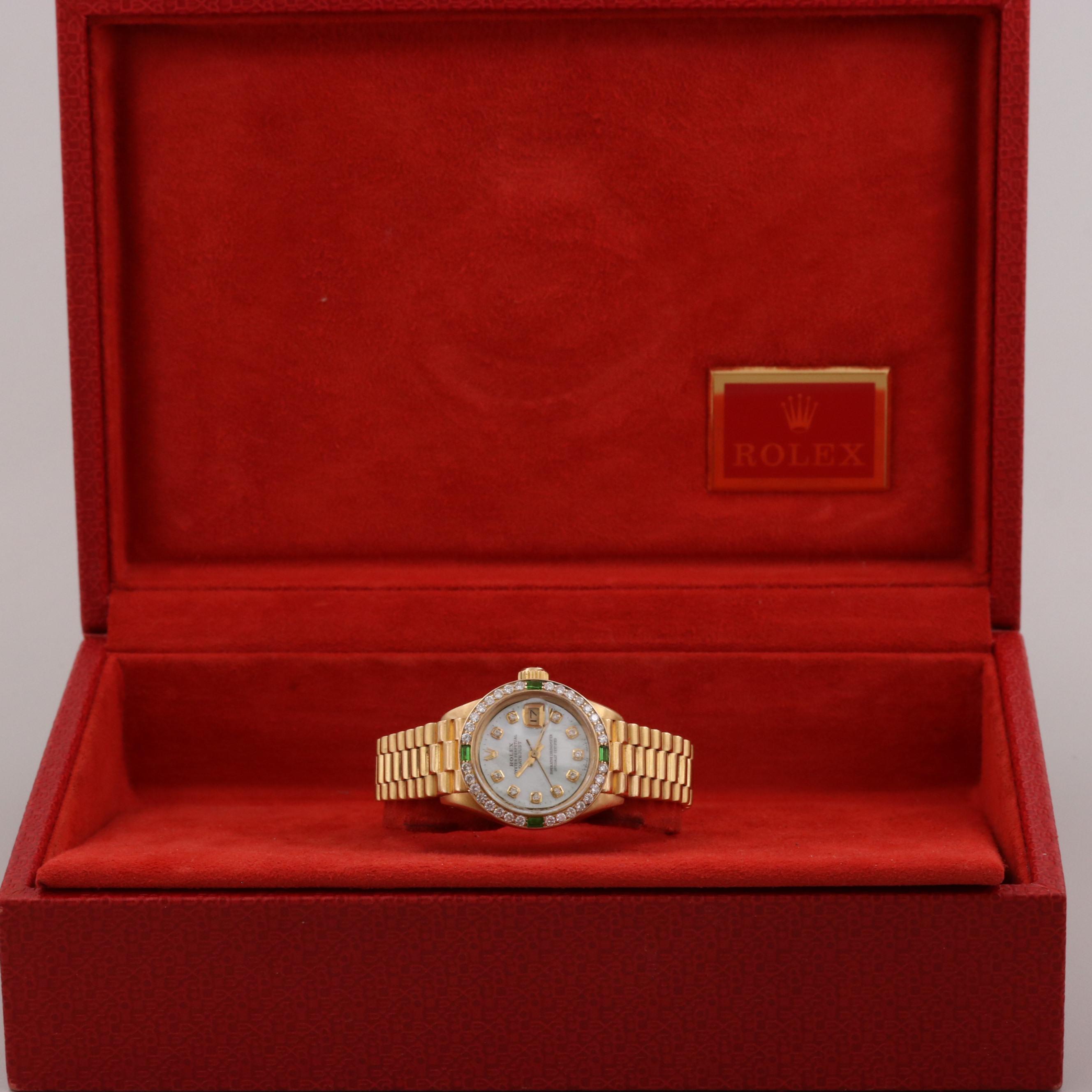 Vintage Rolex Datejust 18K Gold Watch With Diamond and Green Glass Accents, 1979