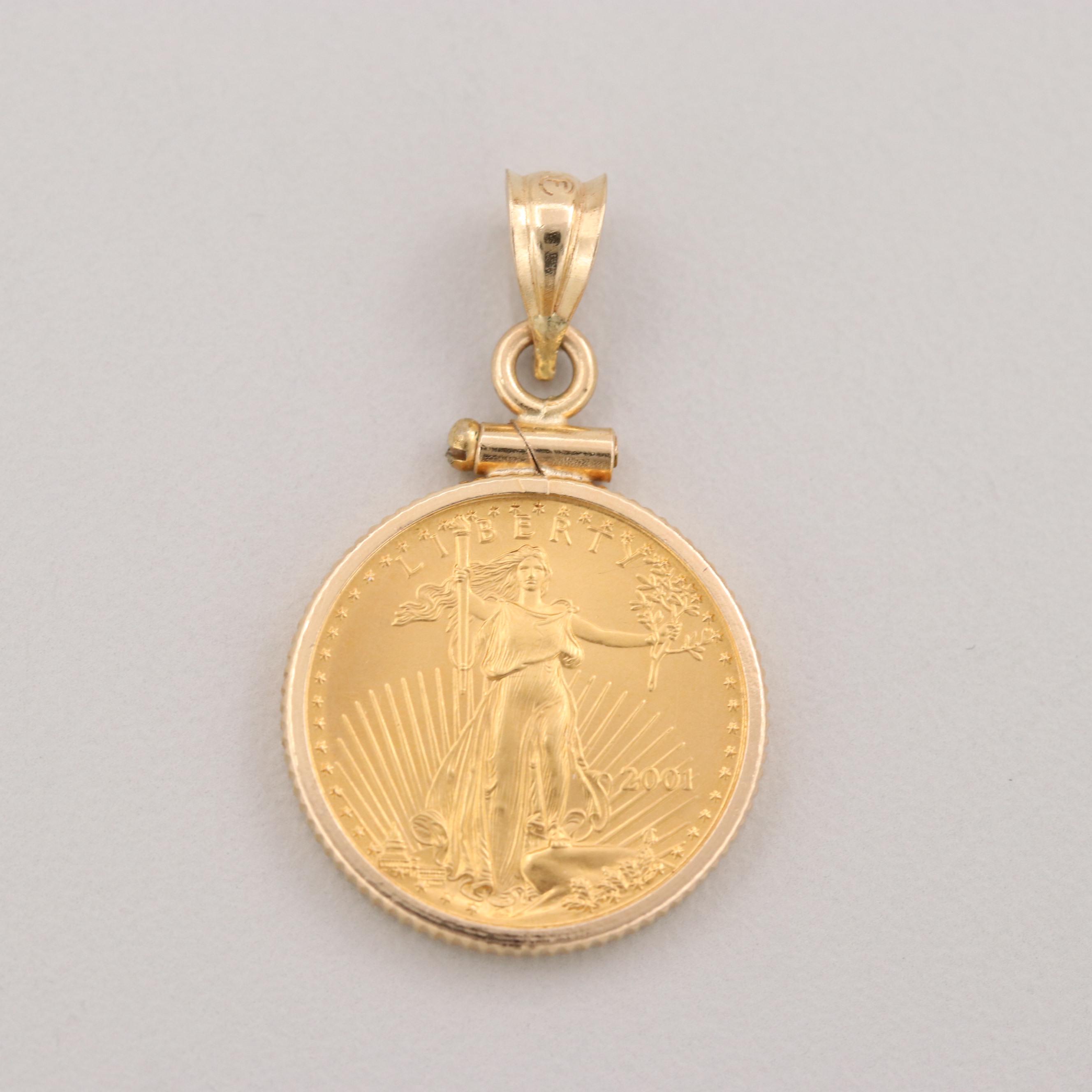 2001 $5 Gold Eagle 1/10 Oz. Bullion Coin Set in a 14K  Gold Coin Bezel Pendant