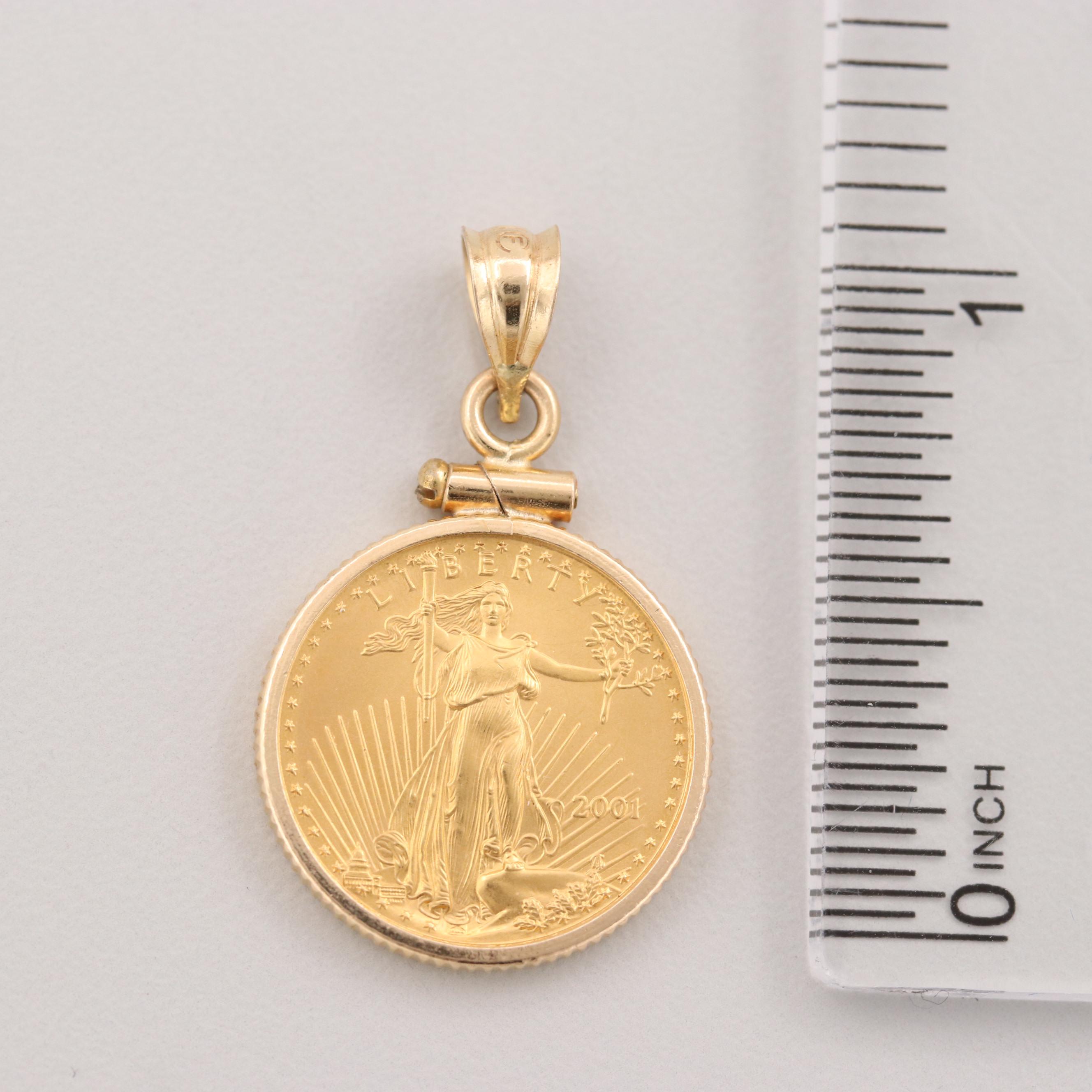 2001 $5 Gold Eagle 1/10 Oz. Bullion Coin Set in a 14K  Gold Coin Bezel Pendant