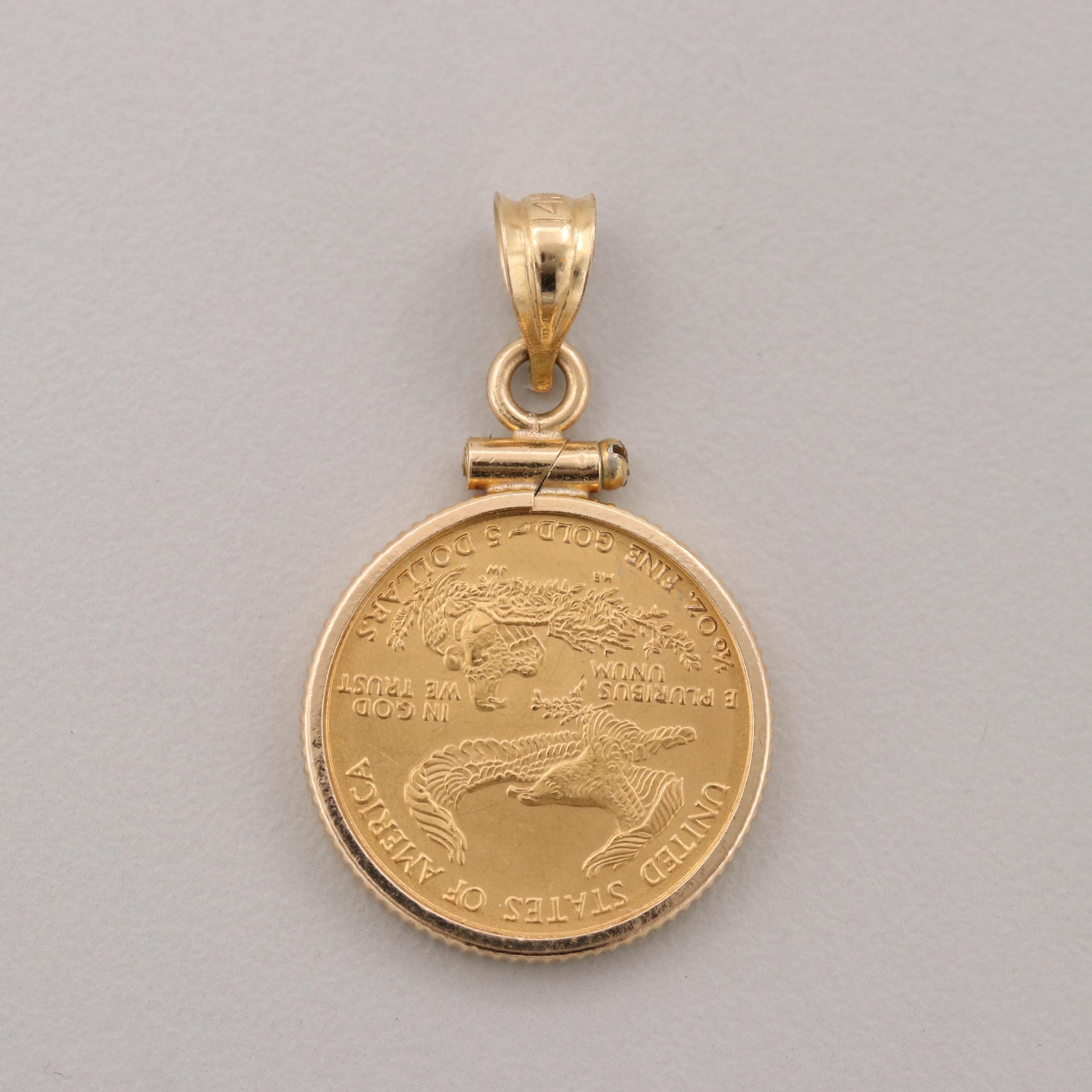 2001 $5 Gold Eagle 1/10 Oz. Bullion Coin Set in a 14K  Gold Coin Bezel Pendant