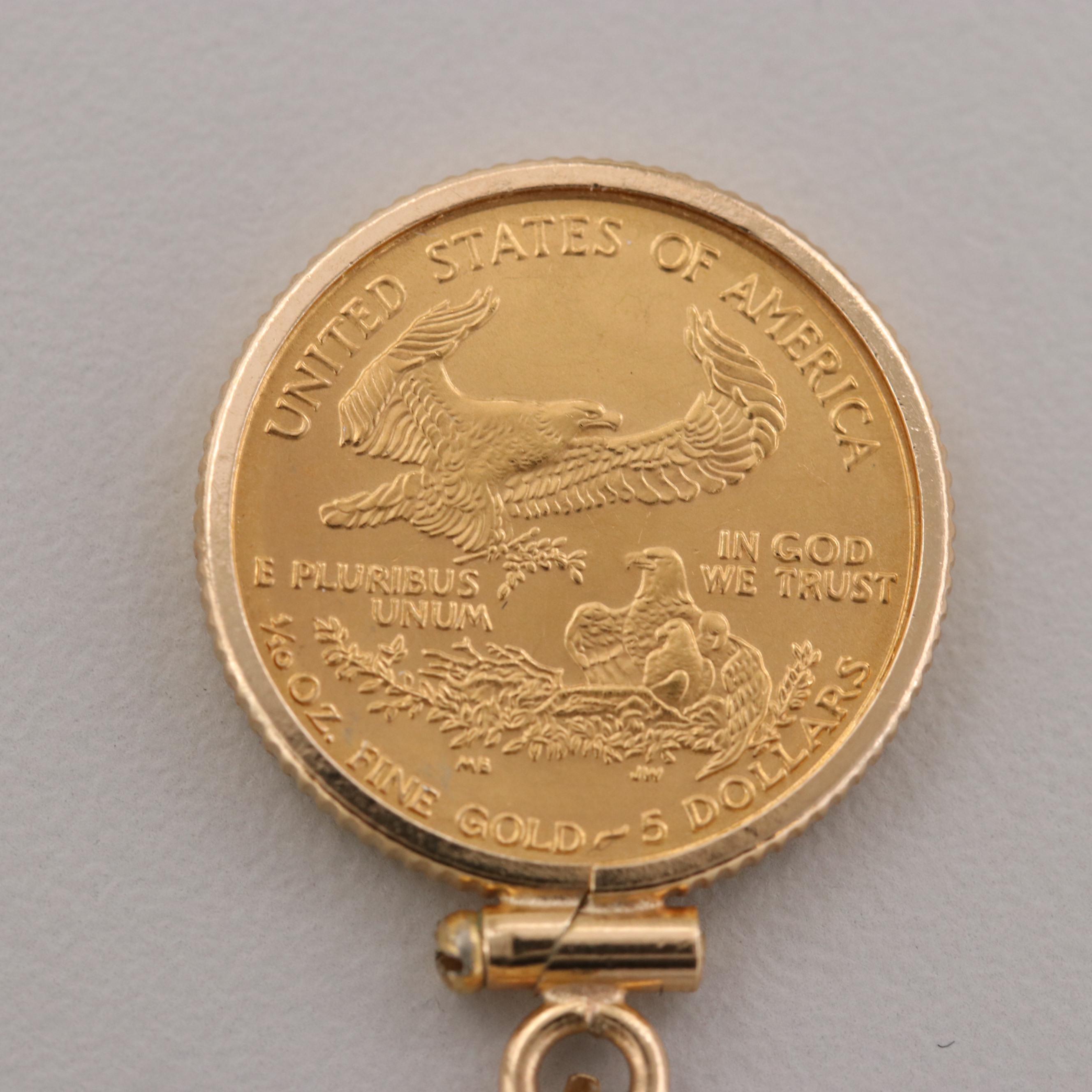 2001 $5 Gold Eagle 1/10 Oz. Bullion Coin Set in a 14K  Gold Coin Bezel Pendant