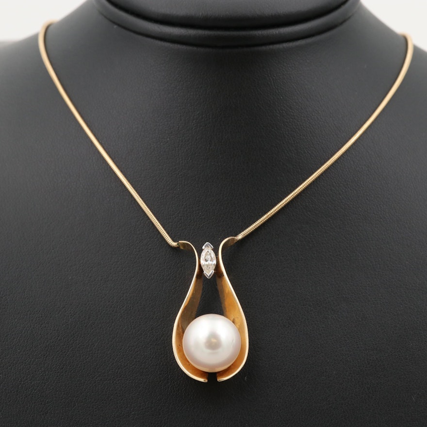 14K Yellow Gold Cultured Pearl and Diamond Pendant Necklace