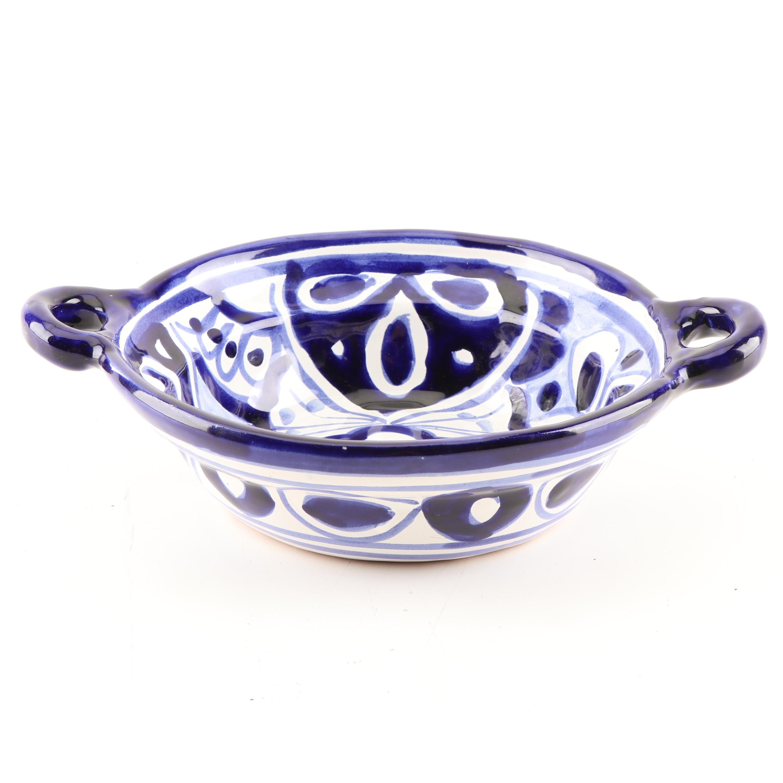 Hand-Painted Mexican Blue and White Terracotta Serving Bowl