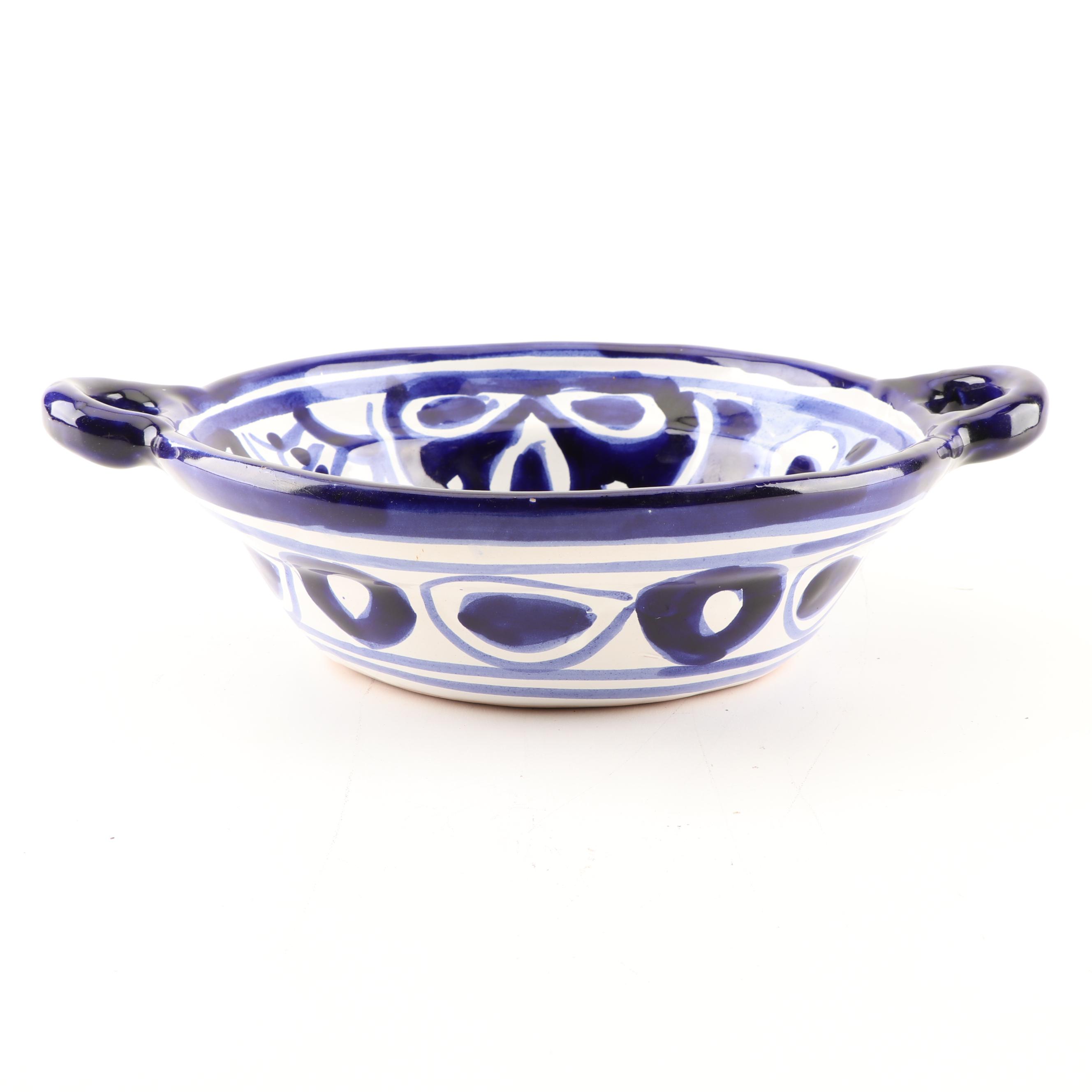 Hand-Painted Mexican Blue and White Terracotta Serving Bowl
