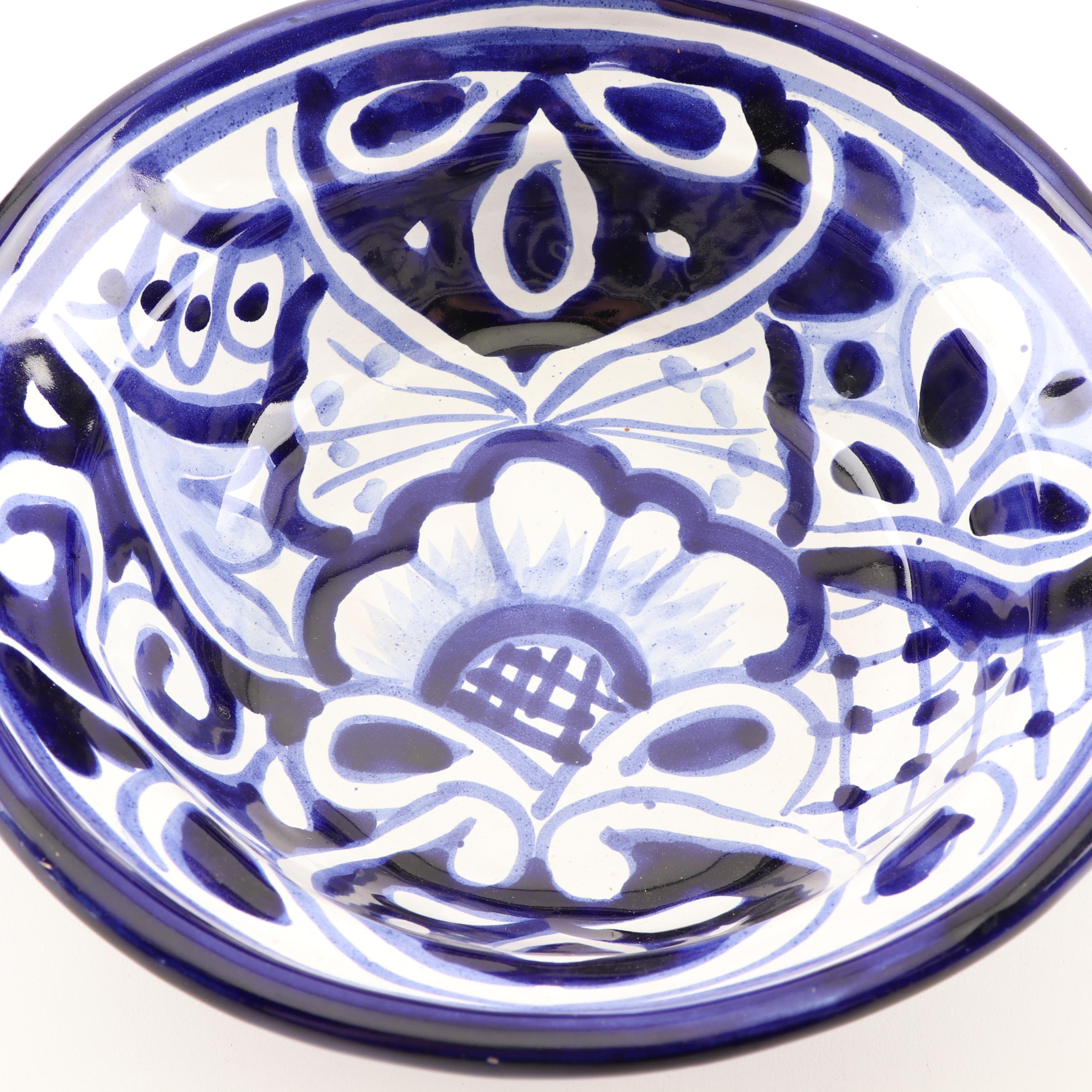 Hand-Painted Mexican Blue and White Terracotta Serving Bowl