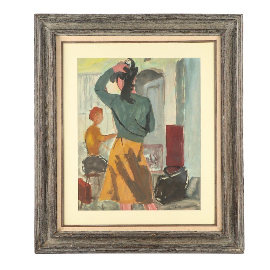 Mid Century Figural Gouache Painting