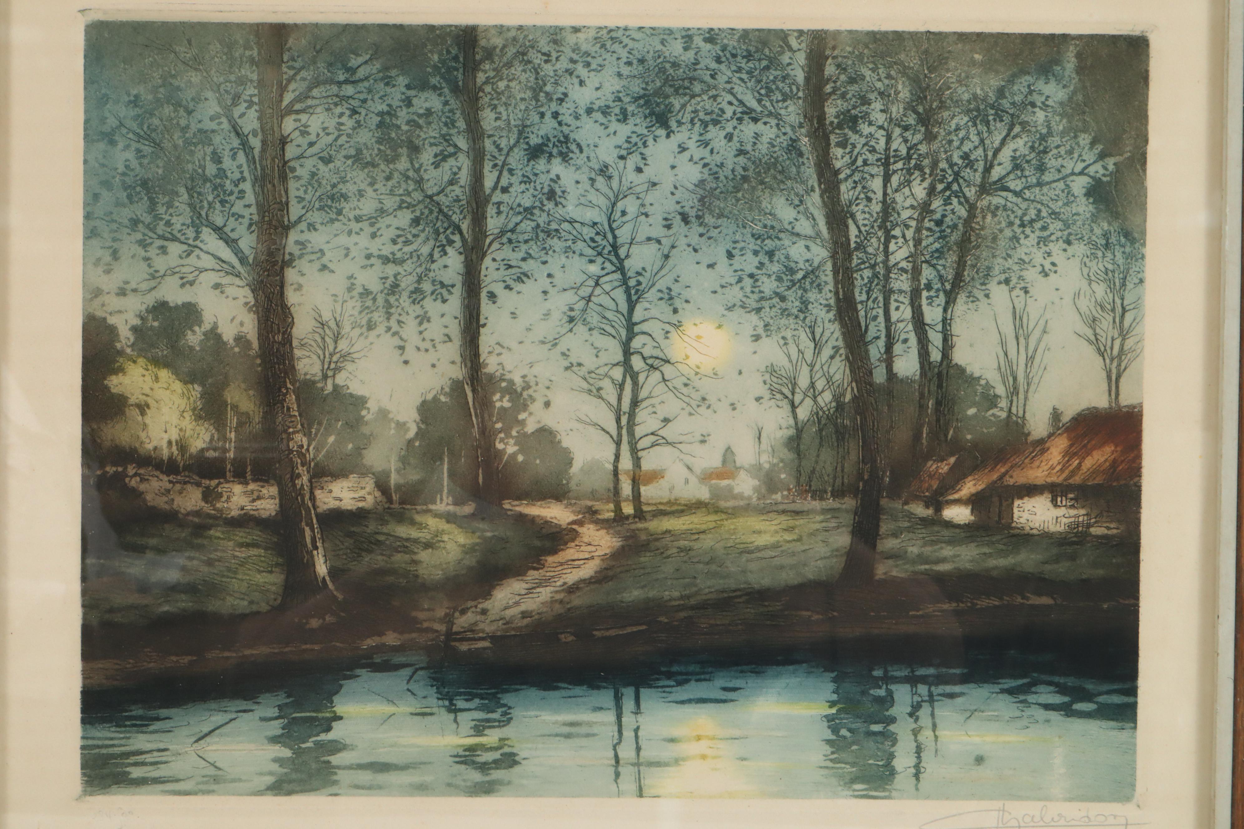 Jean-Joseph Chabridon Aquatint Etching "Riverside Village"