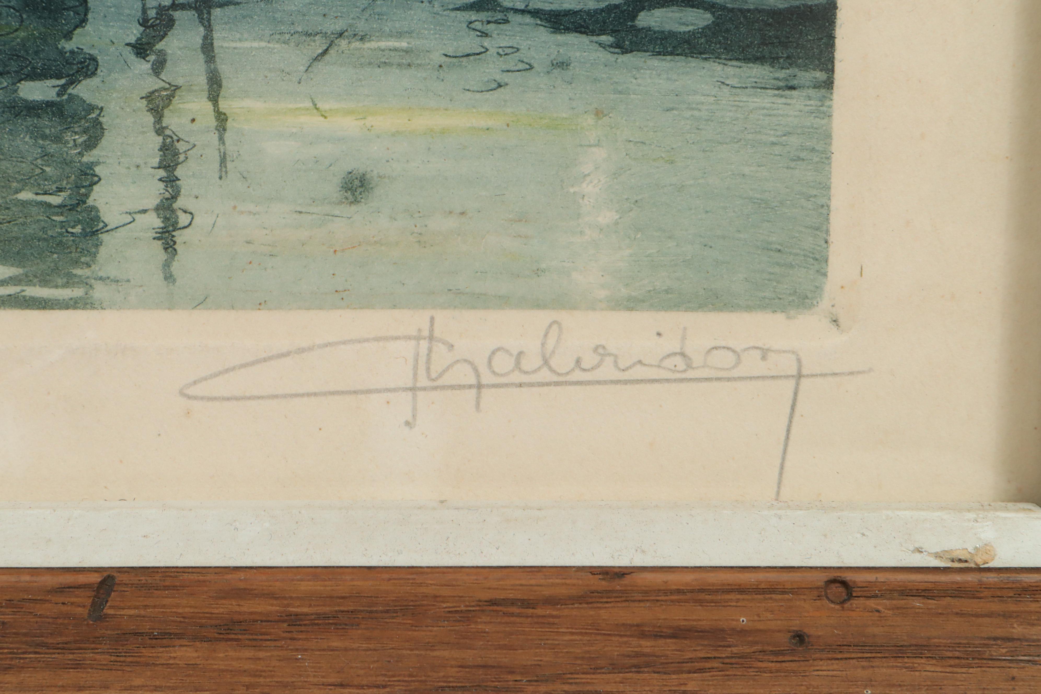 Jean-Joseph Chabridon Aquatint Etching "Riverside Village"