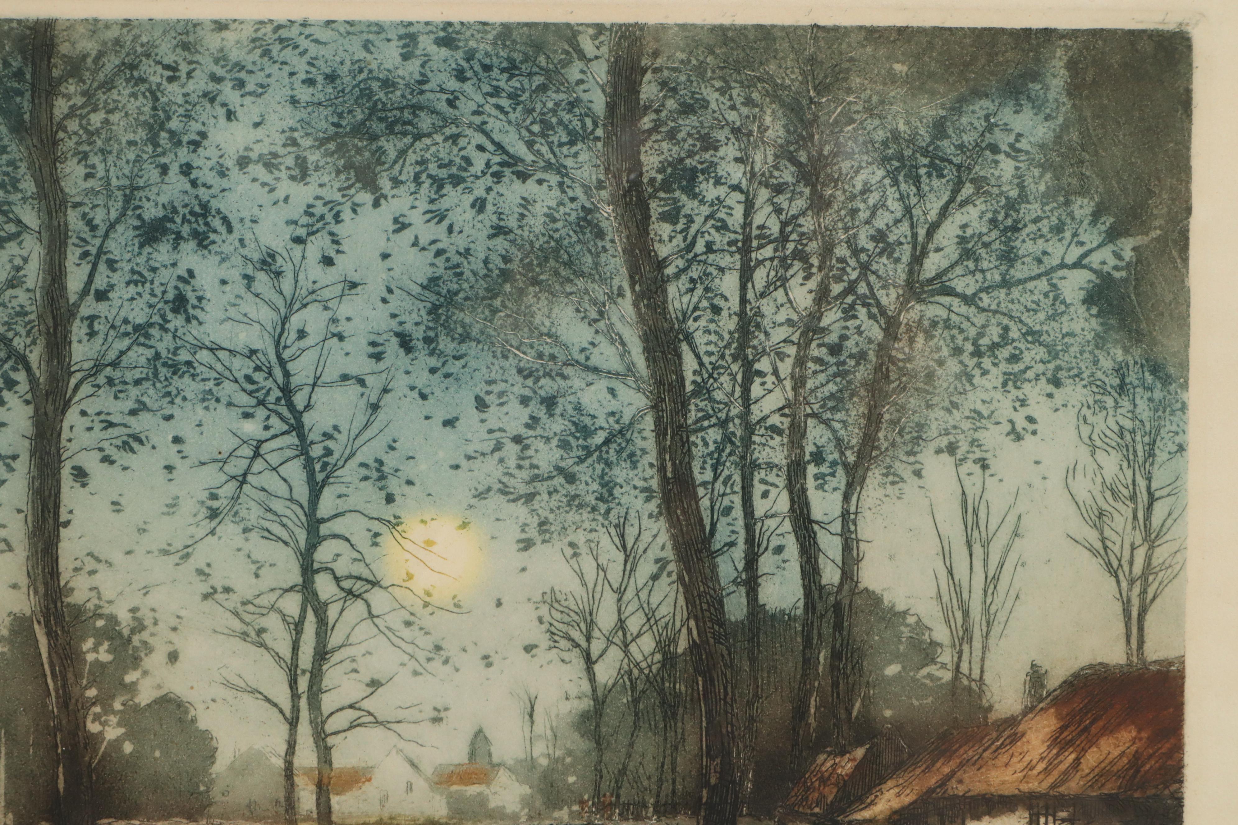 Jean-Joseph Chabridon Aquatint Etching "Riverside Village"