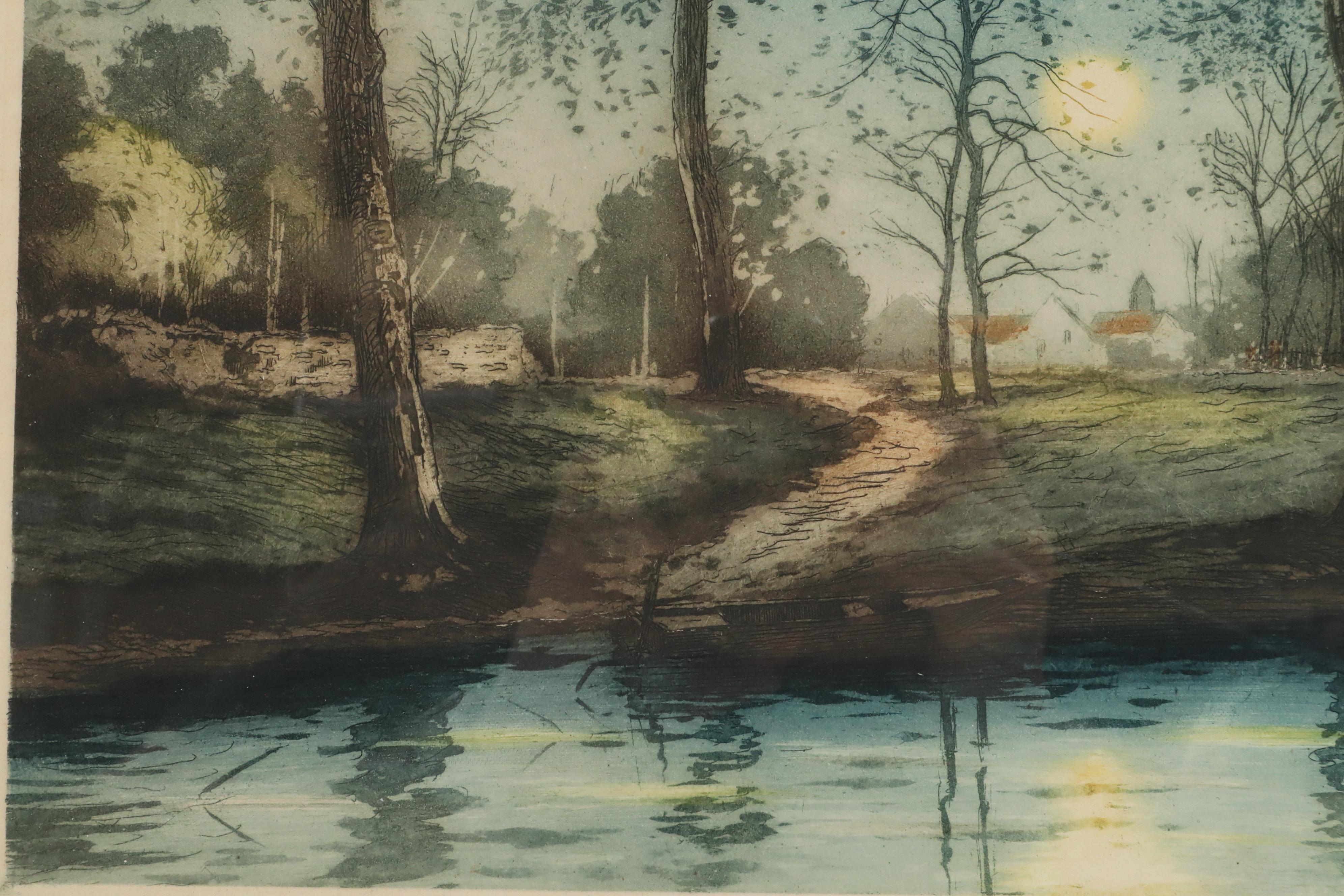 Jean-Joseph Chabridon Aquatint Etching "Riverside Village"