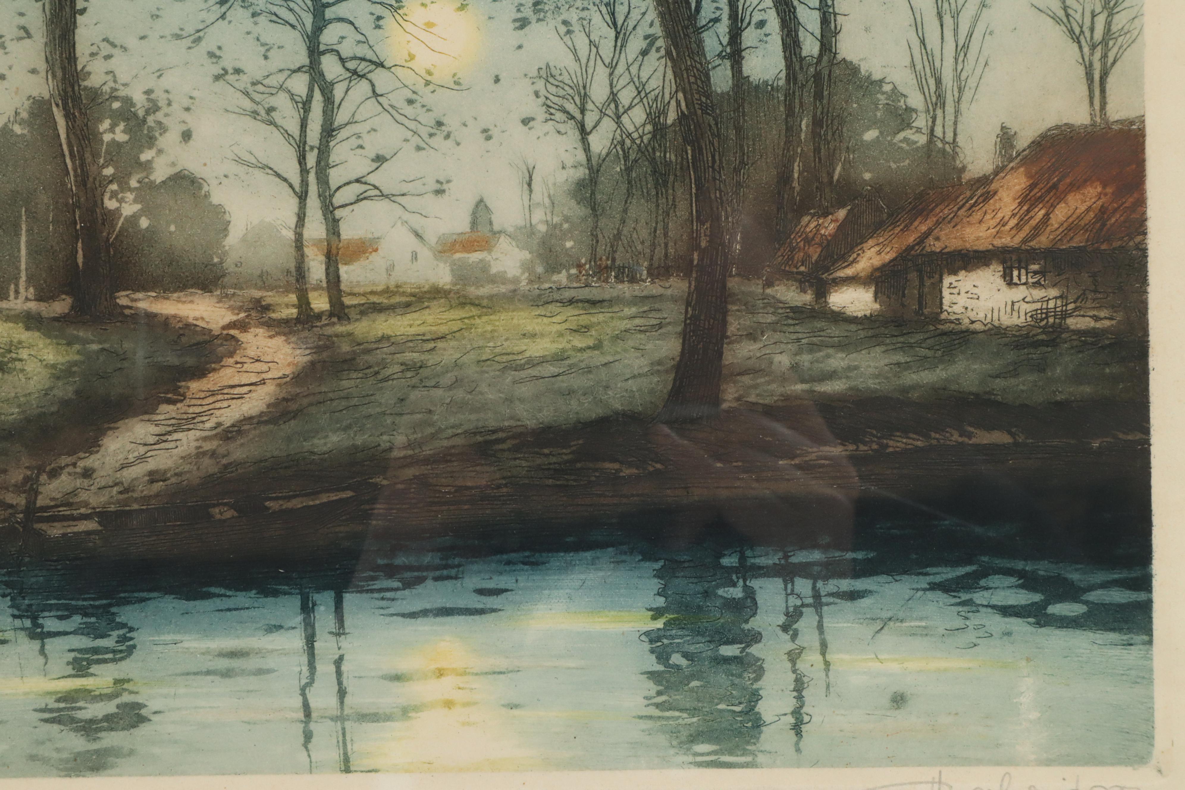 Jean-Joseph Chabridon Aquatint Etching "Riverside Village"