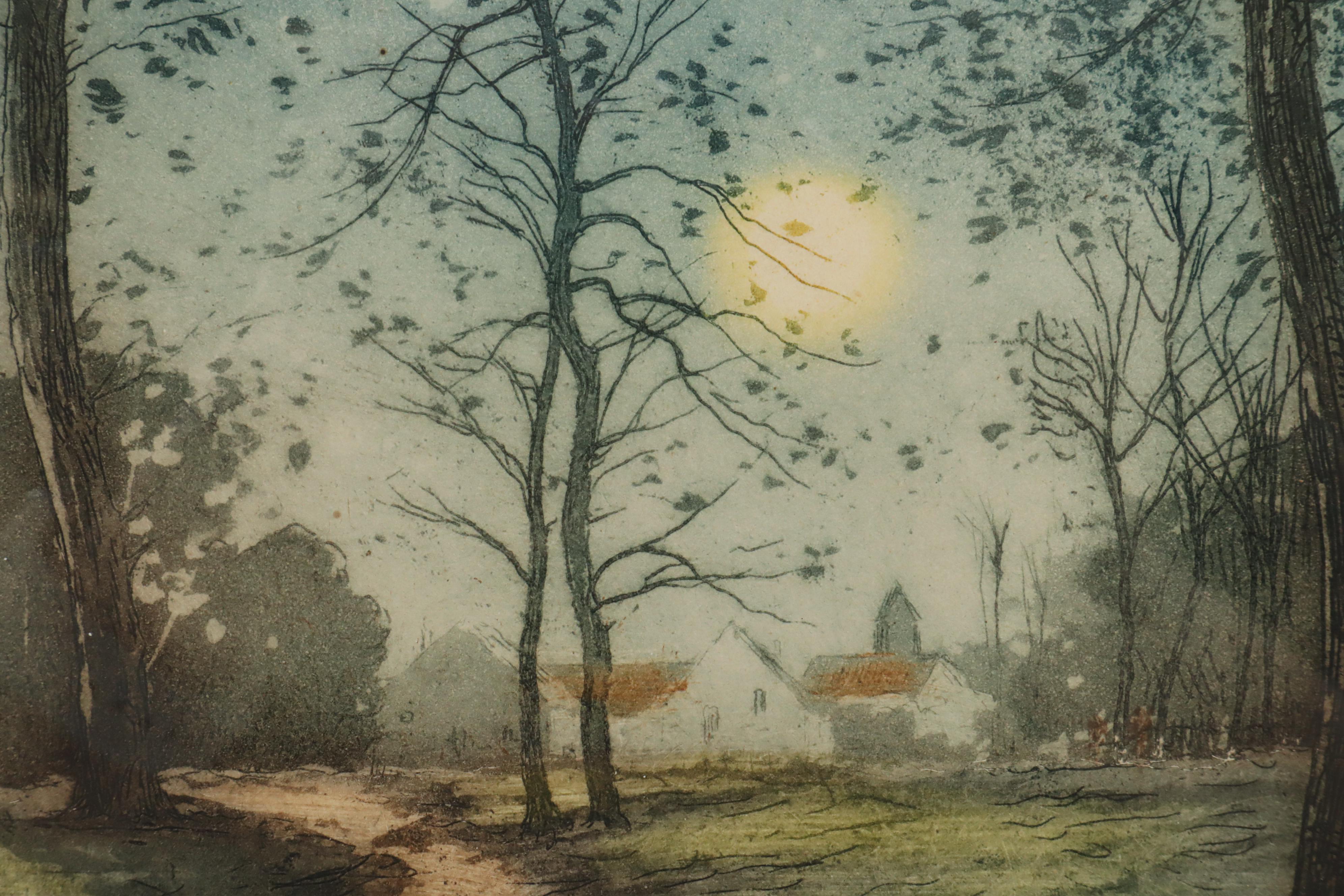 Jean-Joseph Chabridon Aquatint Etching "Riverside Village"