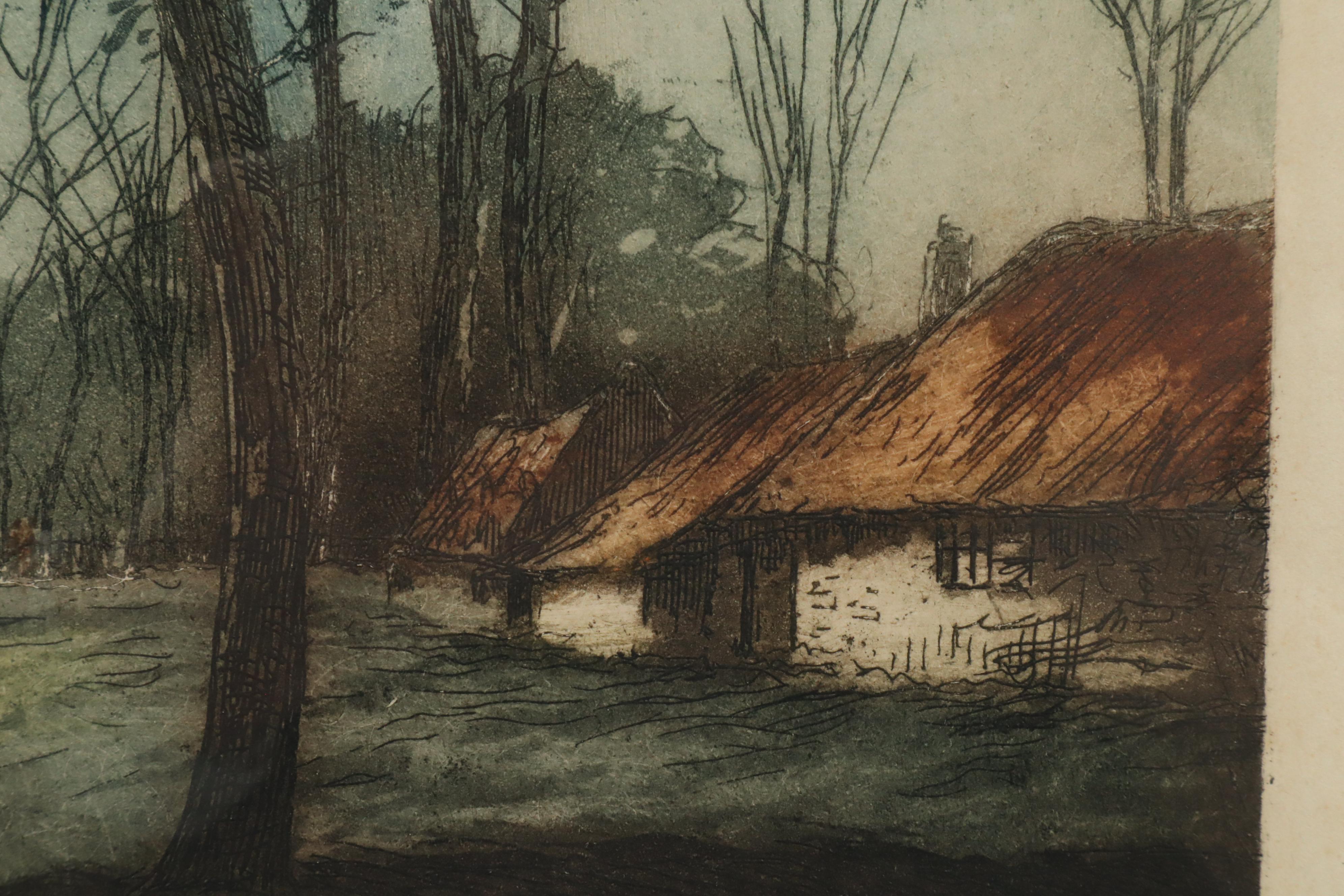 Jean-Joseph Chabridon Aquatint Etching "Riverside Village"