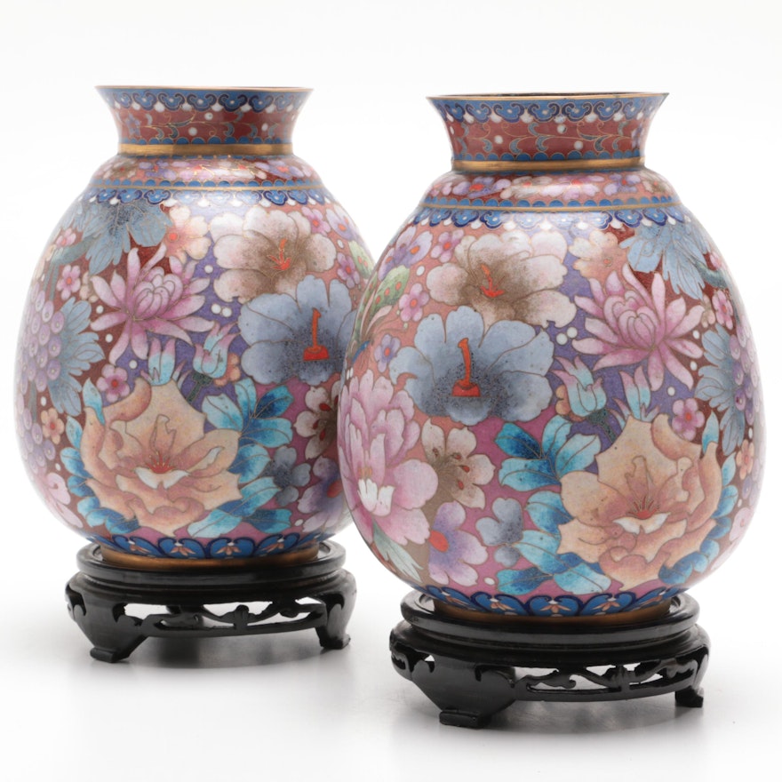 Chinese Cloisonne Ceramic Vases with Wood Bases