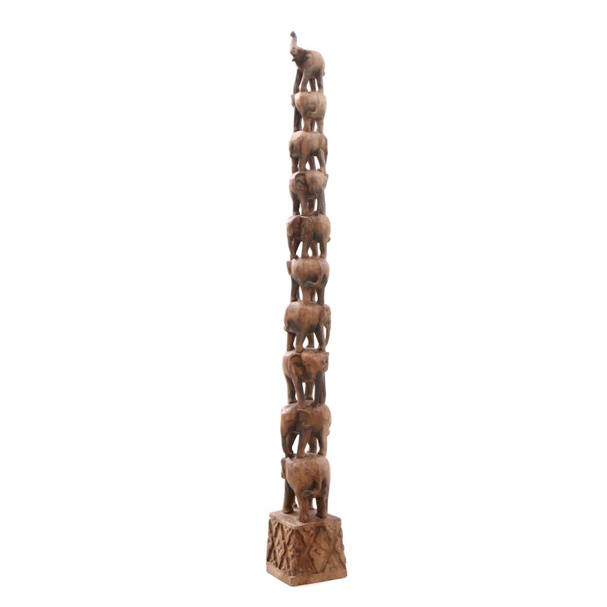 Carved Exotic Hardwood Figural Elephant Tower, Contemporary