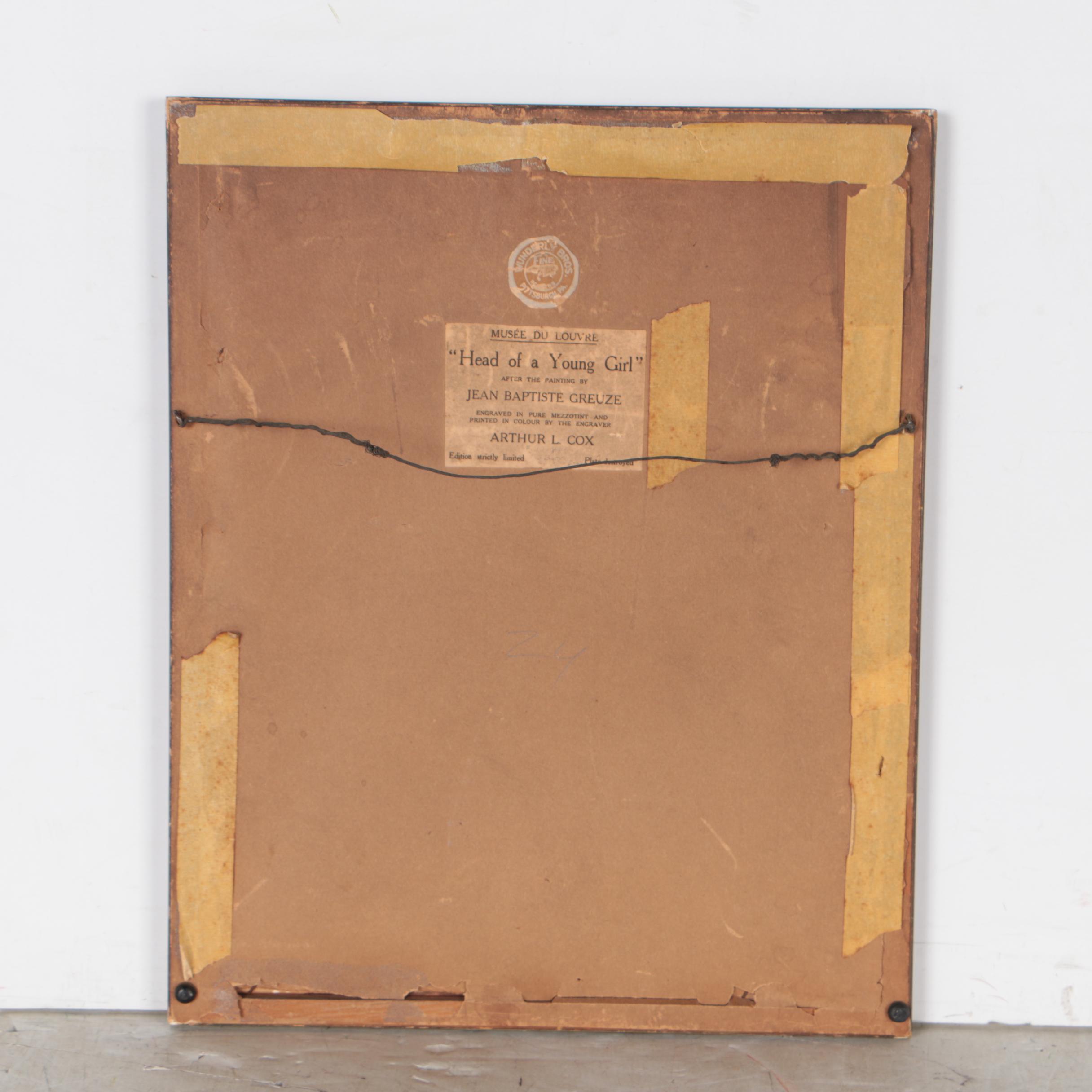 Arthur L. Cox Mezzotint Engraving after Jean Baptiste Greuze, 1921