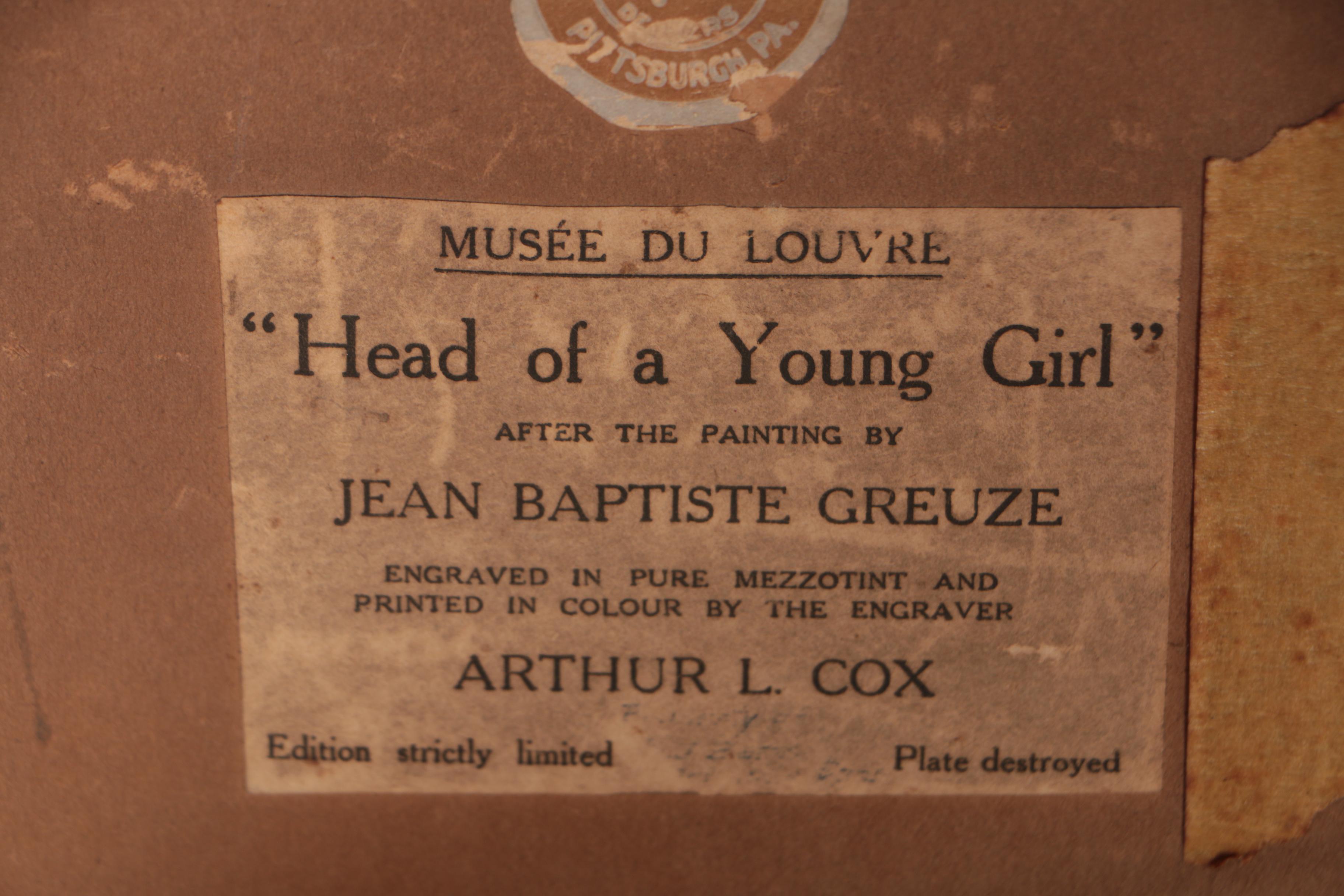 Arthur L. Cox Mezzotint Engraving after Jean Baptiste Greuze, 1921