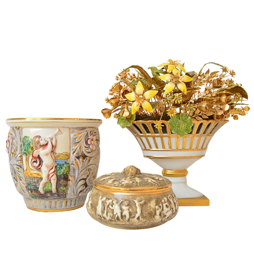 Capodimonte Trinket Box and Planter, Gorham Porcelain and Metal Flower Basket