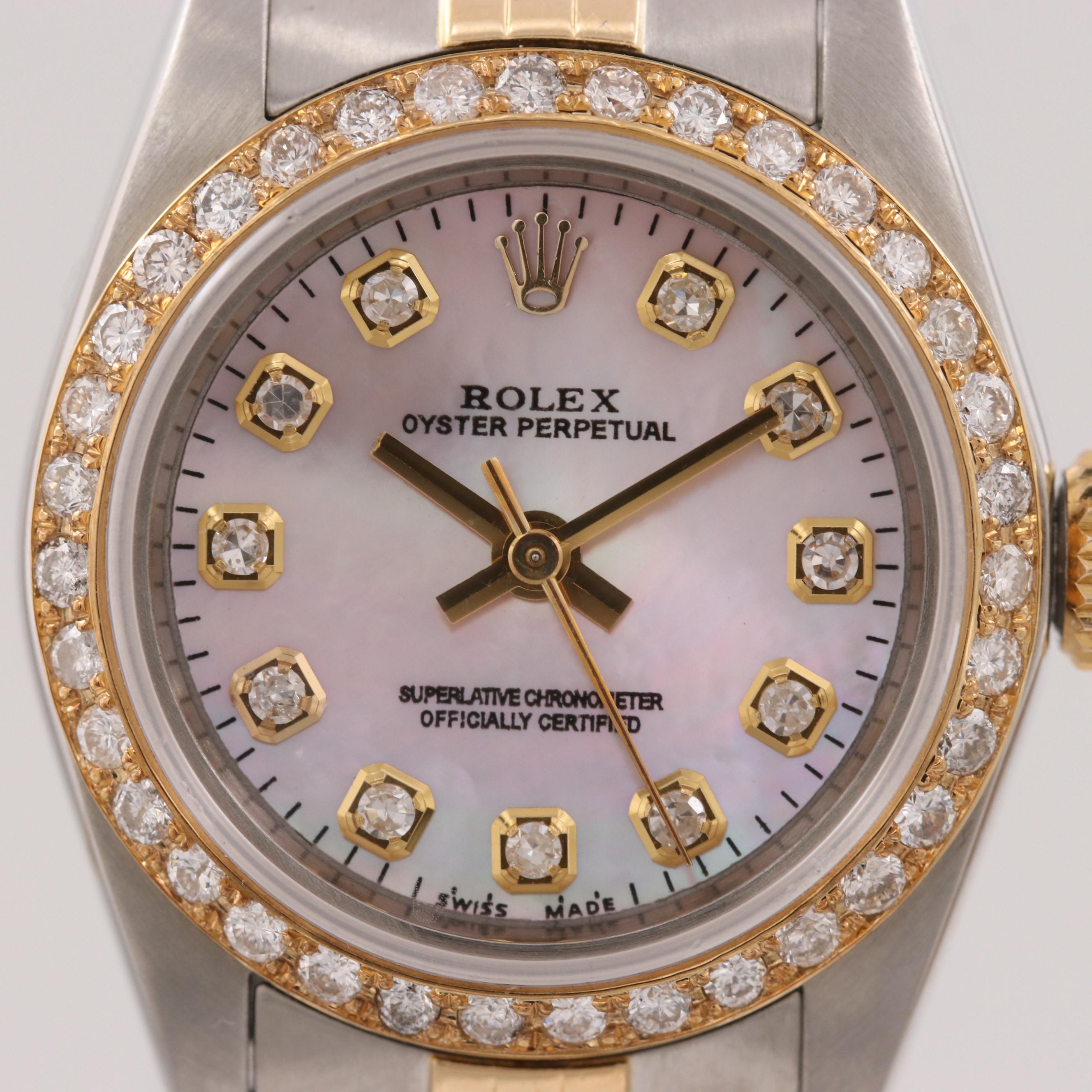 Rolex Stainless Steel and 18K Gold Watch With Diamond Dial and Bezel, 1991